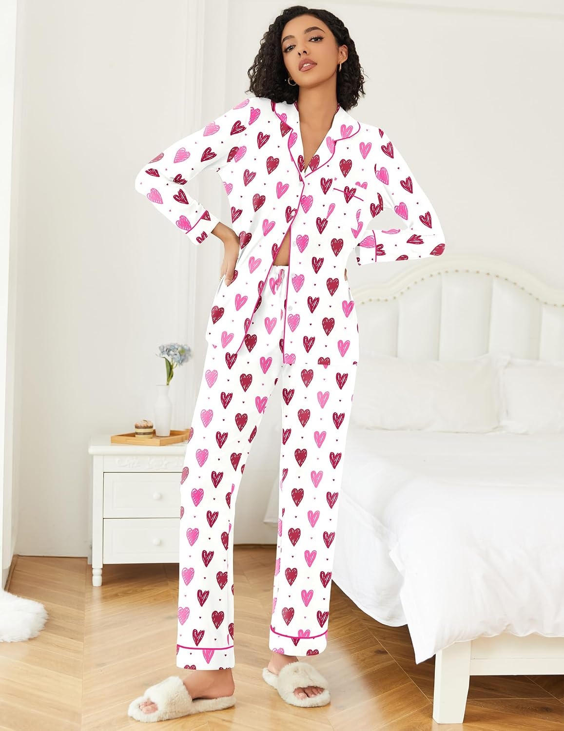 image:imageEkouaer Womens Pajamas Set 2 Piece Button Down Pjs Soft Long Sleeve Top and Pants Sleepwear Set Lounge SetsWhite Hearts