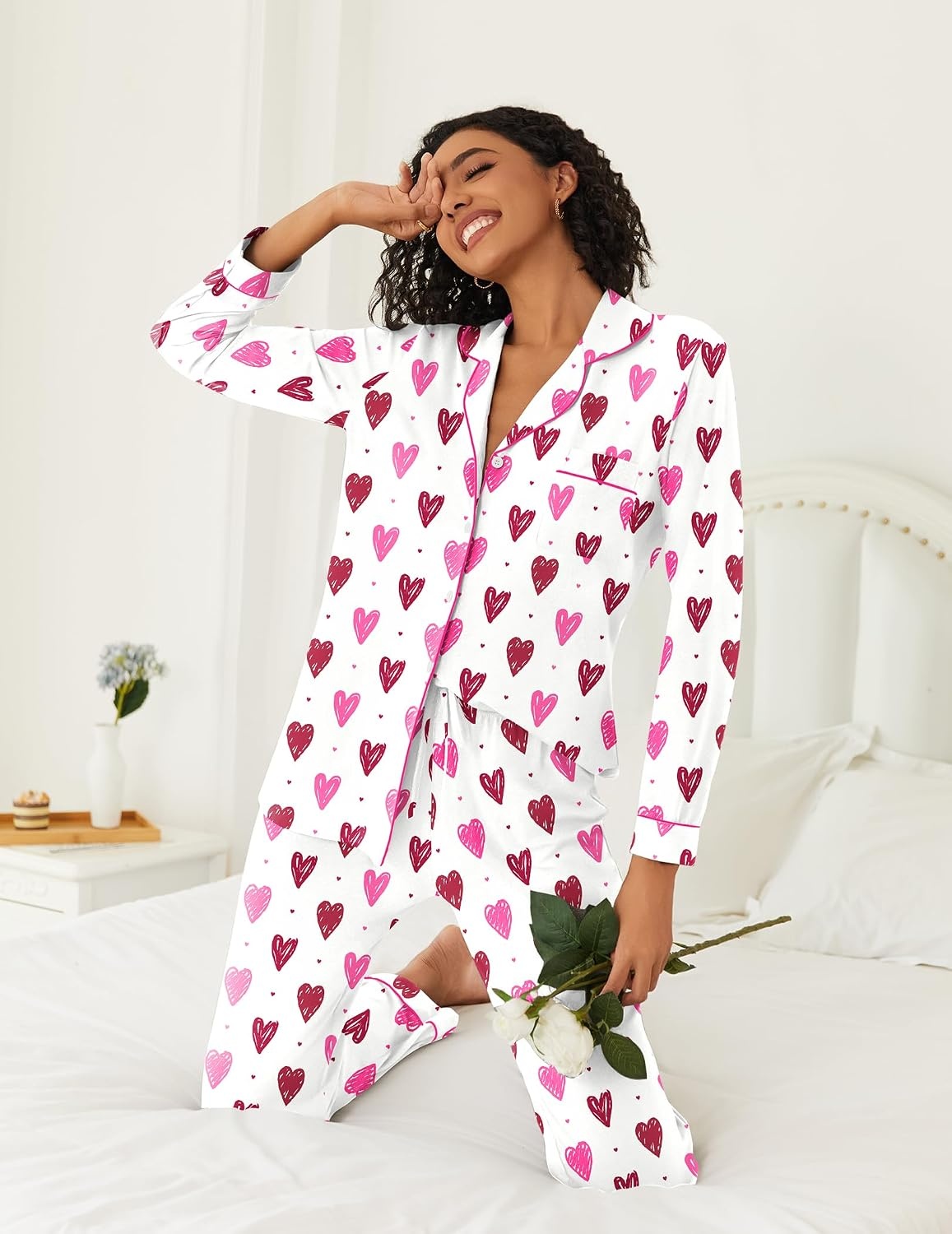 image:imageEkouaer Womens Pajamas Set 2 Piece Button Down Pjs Soft Long Sleeve Top and Pants Sleepwear Set Lounge SetsWhite Hearts