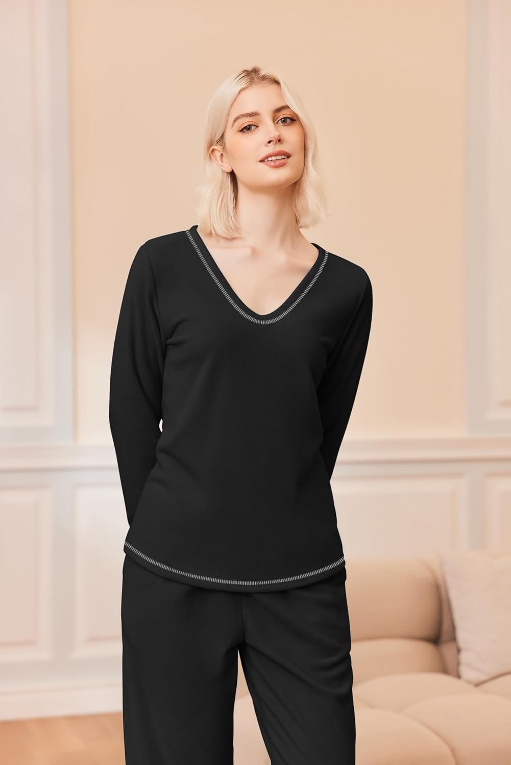 image:imageEkouaer Womens Pajamas Set 2 Piece Fuzzy Lounge Set Long Sleeve Sleepwear Fall Winter Loungewear Outfits Matching ClothesBlack