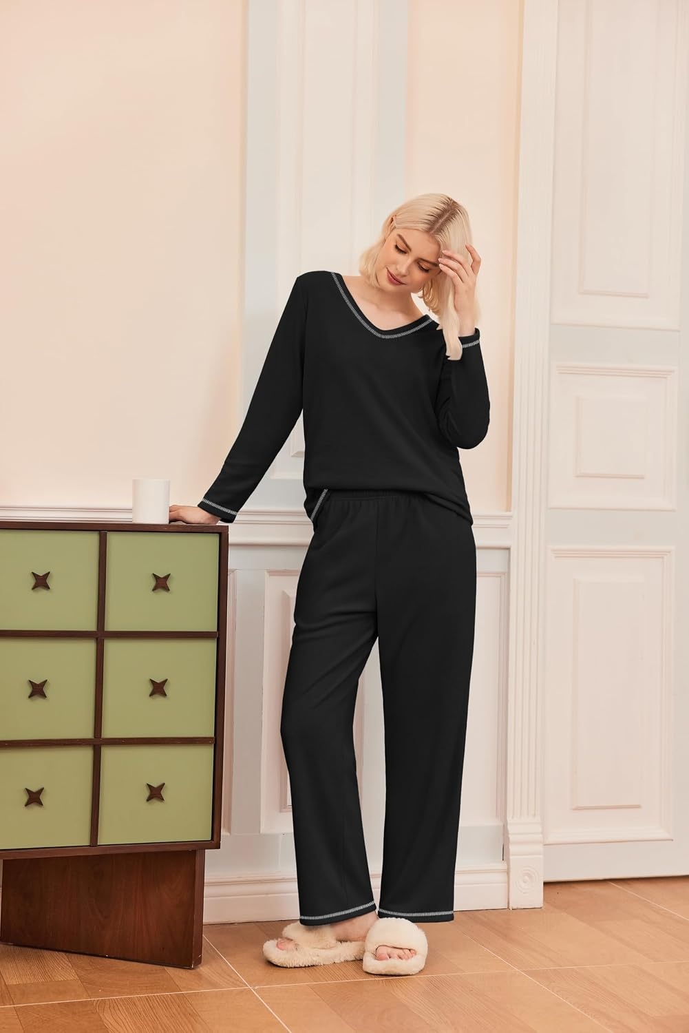 image:imageEkouaer Womens Pajamas Set 2 Piece Fuzzy Lounge Set Long Sleeve Sleepwear Fall Winter Loungewear Outfits Matching ClothesBlack