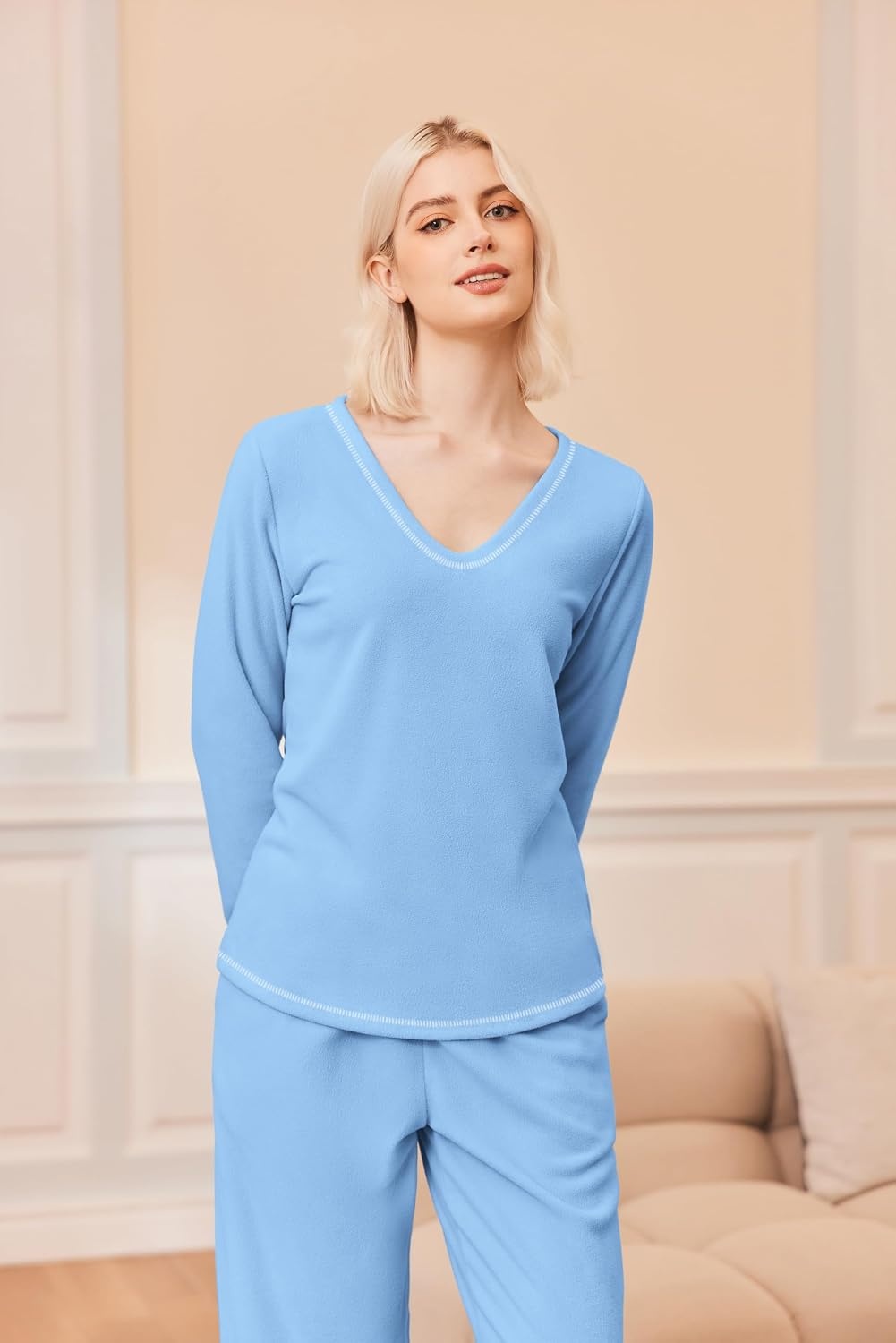 image:imageEkouaer Womens Pajamas Set 2 Piece Fuzzy Lounge Set Long Sleeve Sleepwear Fall Winter Loungewear Outfits Matching ClothesBlue