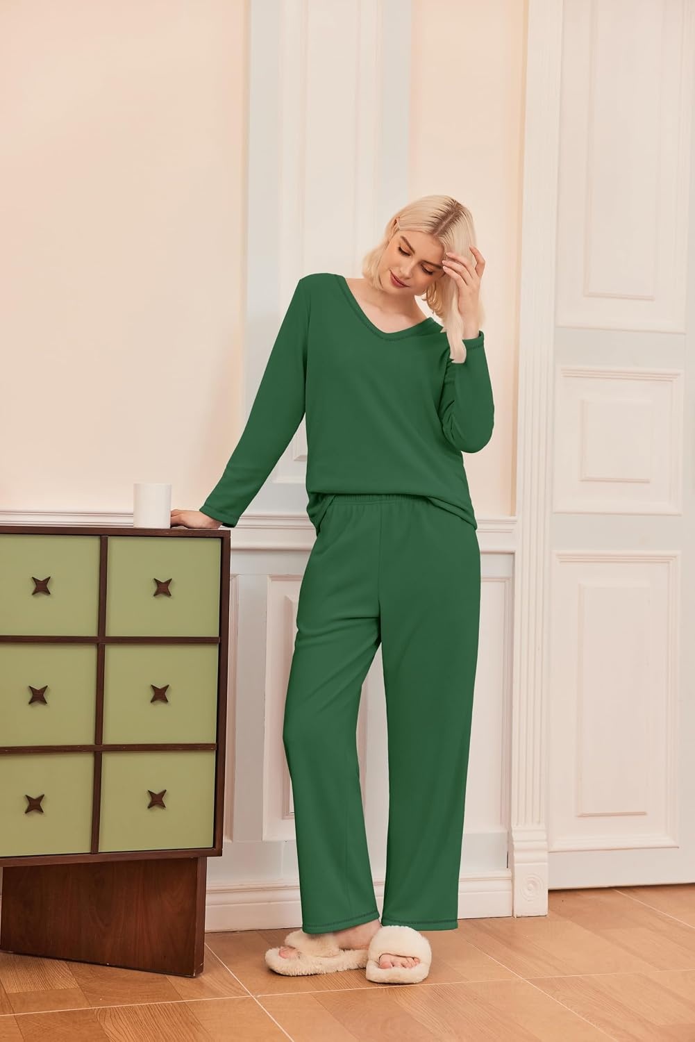 image:imageEkouaer Womens Pajamas Set 2 Piece Fuzzy Lounge Set Long Sleeve Sleepwear Fall Winter Loungewear Outfits Matching ClothesBright Green