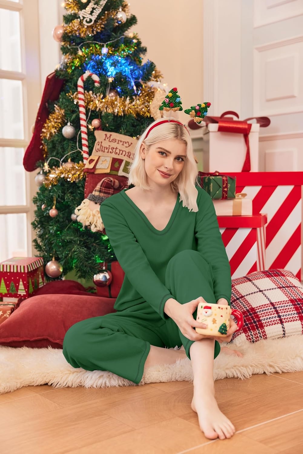 image:imageEkouaer Womens Pajamas Set 2 Piece Fuzzy Lounge Set Long Sleeve Sleepwear Fall Winter Loungewear Outfits Matching ClothesBright Green
