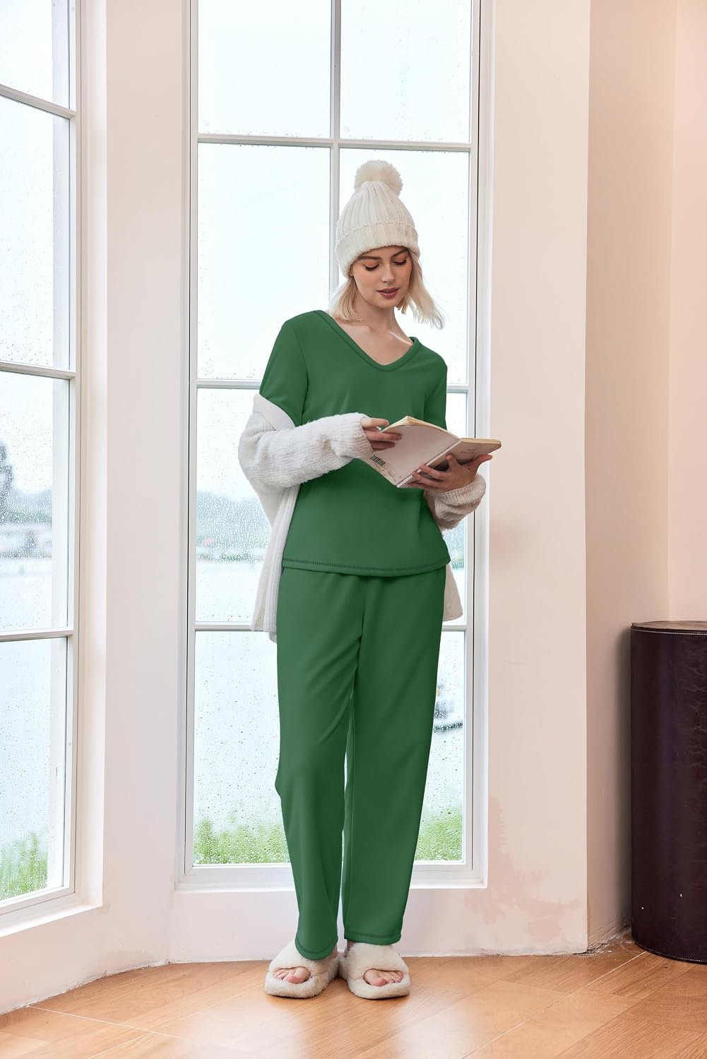 image:imageEkouaer Womens Pajamas Set 2 Piece Fuzzy Lounge Set Long Sleeve Sleepwear Fall Winter Loungewear Outfits Matching ClothesBright Green