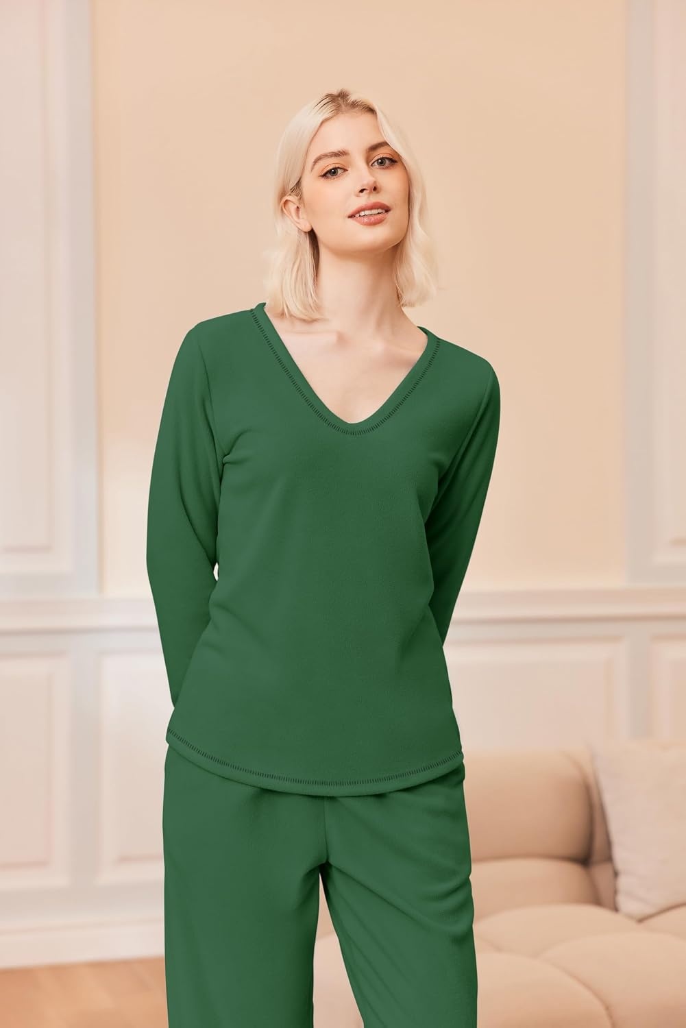 image:imageEkouaer Womens Pajamas Set 2 Piece Fuzzy Lounge Set Long Sleeve Sleepwear Fall Winter Loungewear Outfits Matching ClothesBright Green