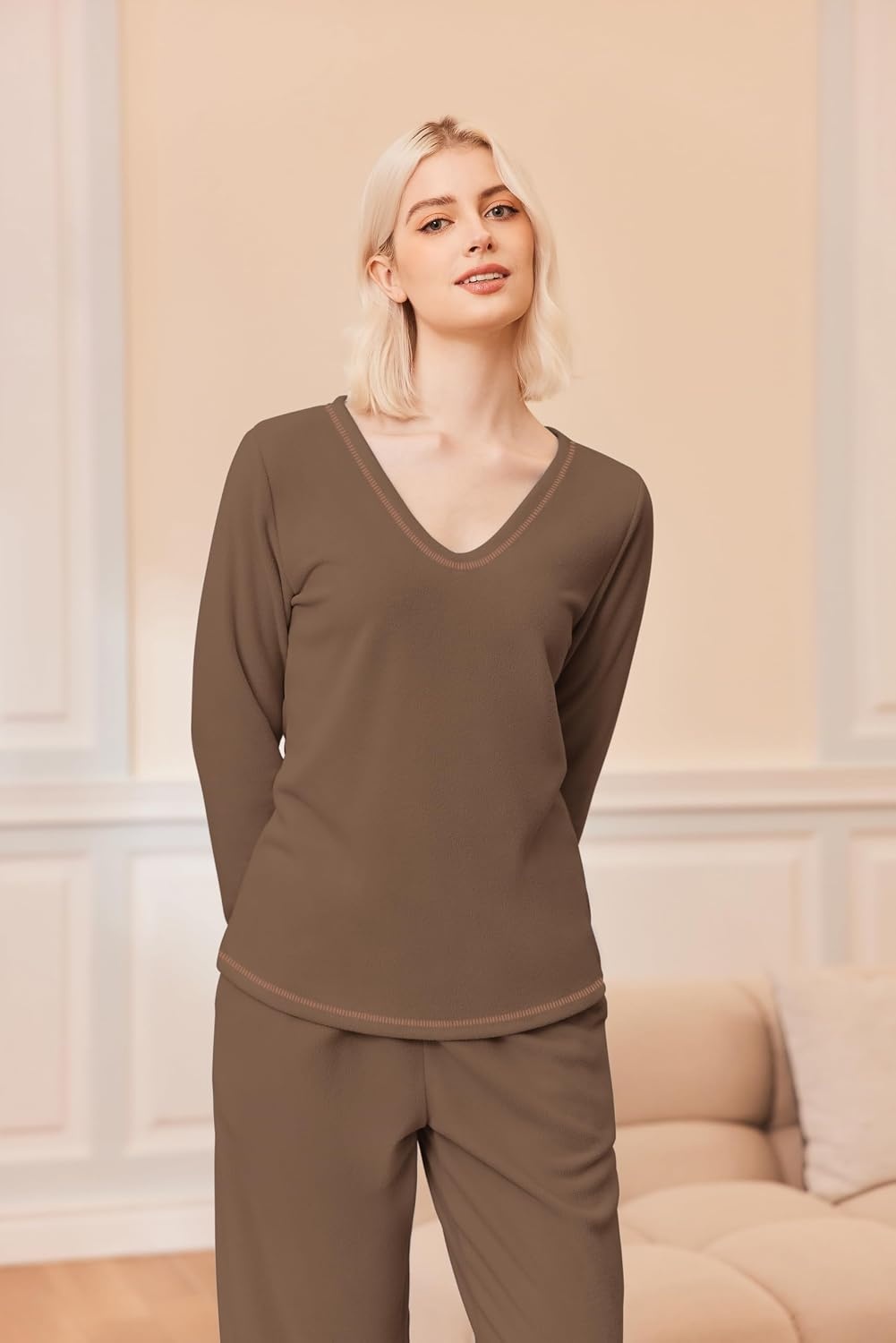 image:imageEkouaer Womens Pajamas Set 2 Piece Fuzzy Lounge Set Long Sleeve Sleepwear Fall Winter Loungewear Outfits Matching ClothesBrown