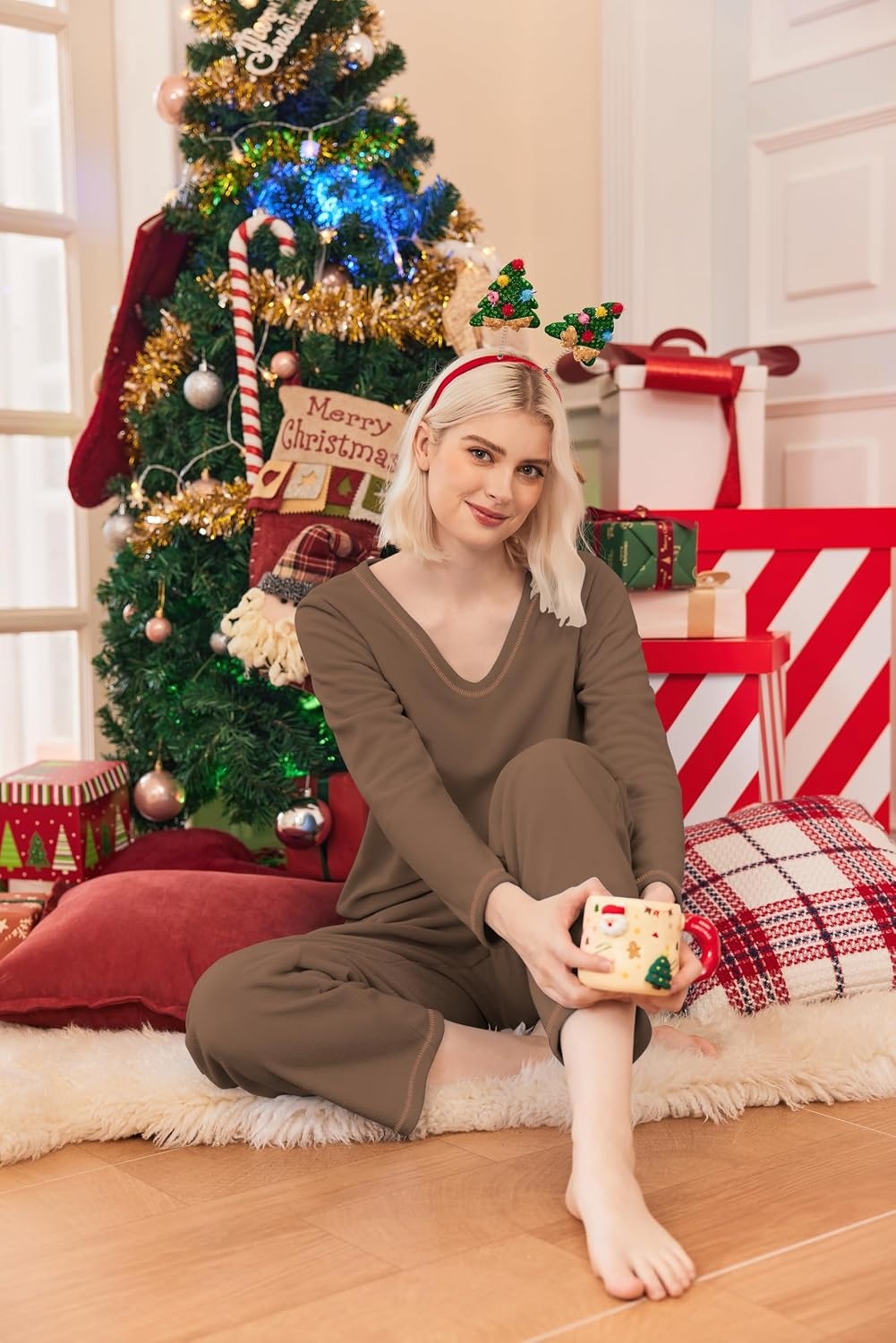 image:imageEkouaer Womens Pajamas Set 2 Piece Fuzzy Lounge Set Long Sleeve Sleepwear Fall Winter Loungewear Outfits Matching ClothesBrown