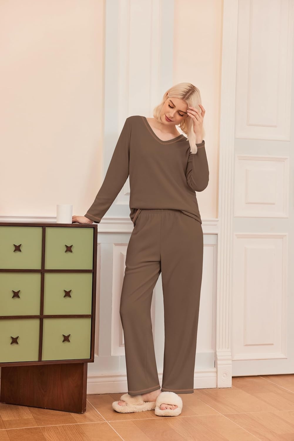 image:imageEkouaer Womens Pajamas Set 2 Piece Fuzzy Lounge Set Long Sleeve Sleepwear Fall Winter Loungewear Outfits Matching ClothesBrown