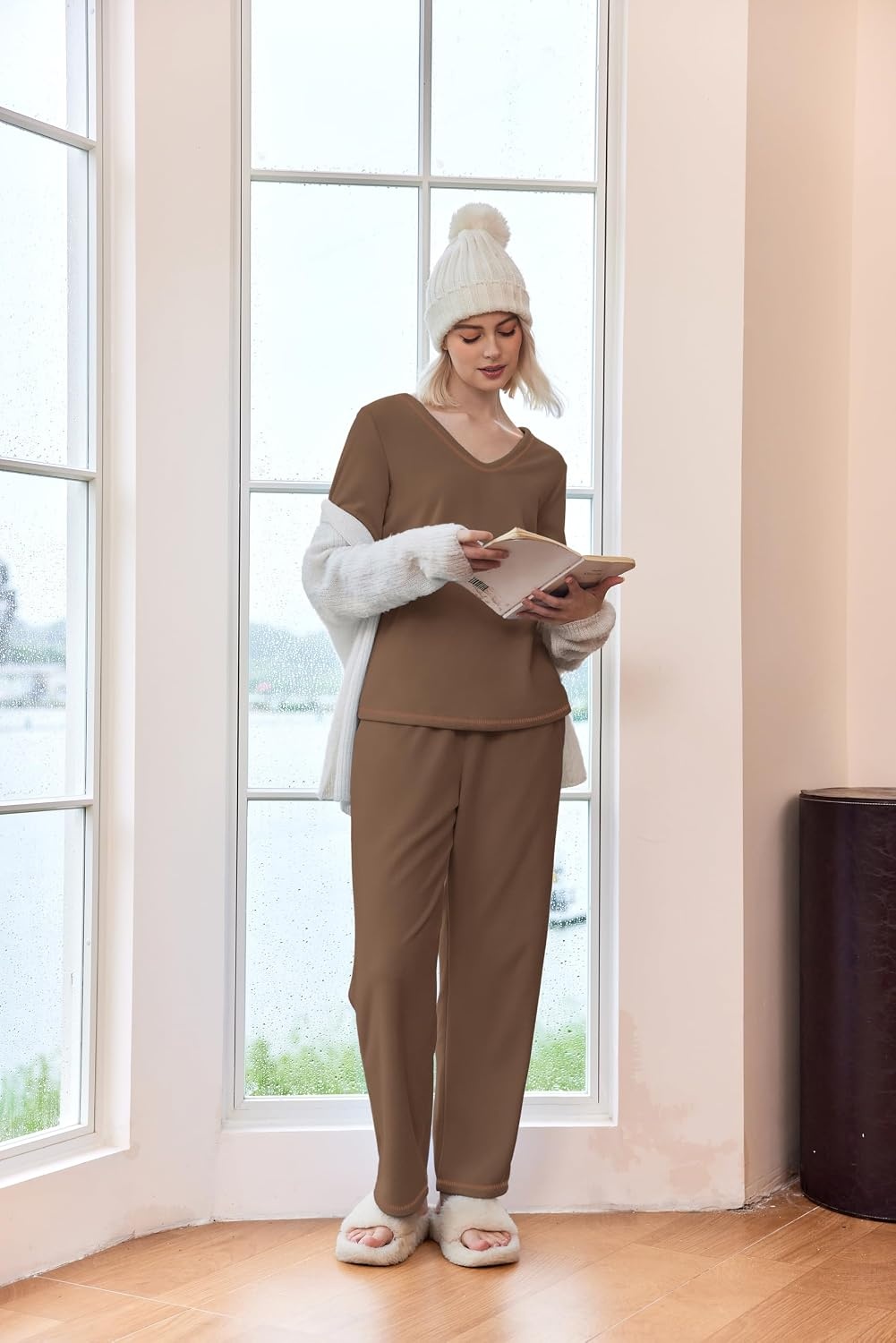 image:imageEkouaer Womens Pajamas Set 2 Piece Fuzzy Lounge Set Long Sleeve Sleepwear Fall Winter Loungewear Outfits Matching ClothesBrown