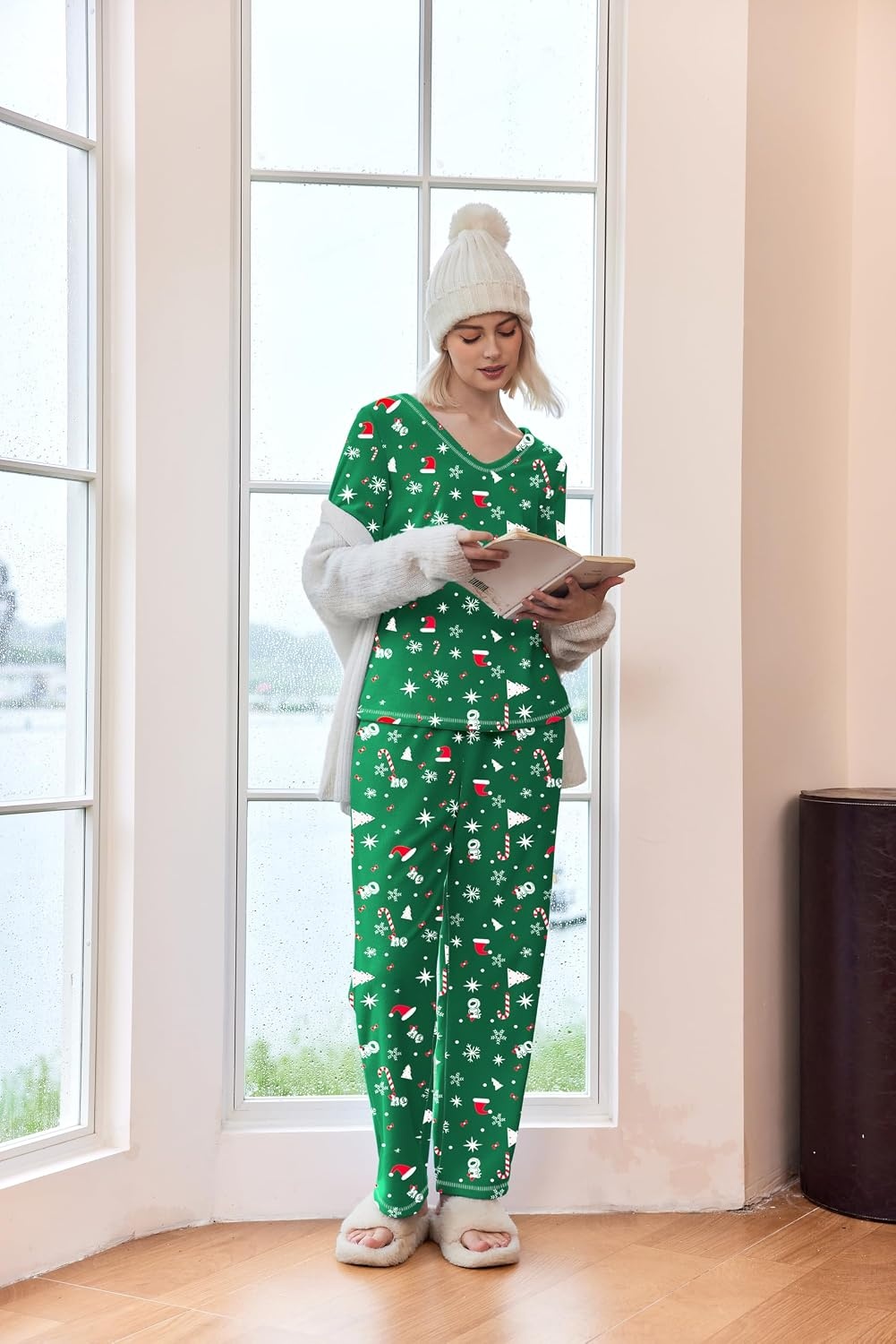 image:imageEkouaer Womens Pajamas Set 2 Piece Fuzzy Lounge Set Long Sleeve Sleepwear Fall Winter Loungewear Outfits Matching ClothesChristmas Green