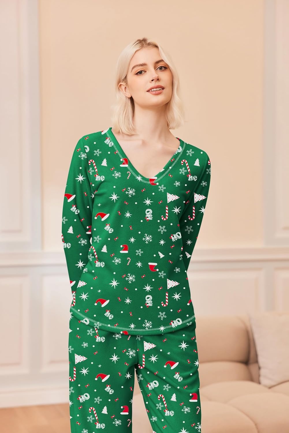 image:imageEkouaer Womens Pajamas Set 2 Piece Fuzzy Lounge Set Long Sleeve Sleepwear Fall Winter Loungewear Outfits Matching ClothesChristmas Green