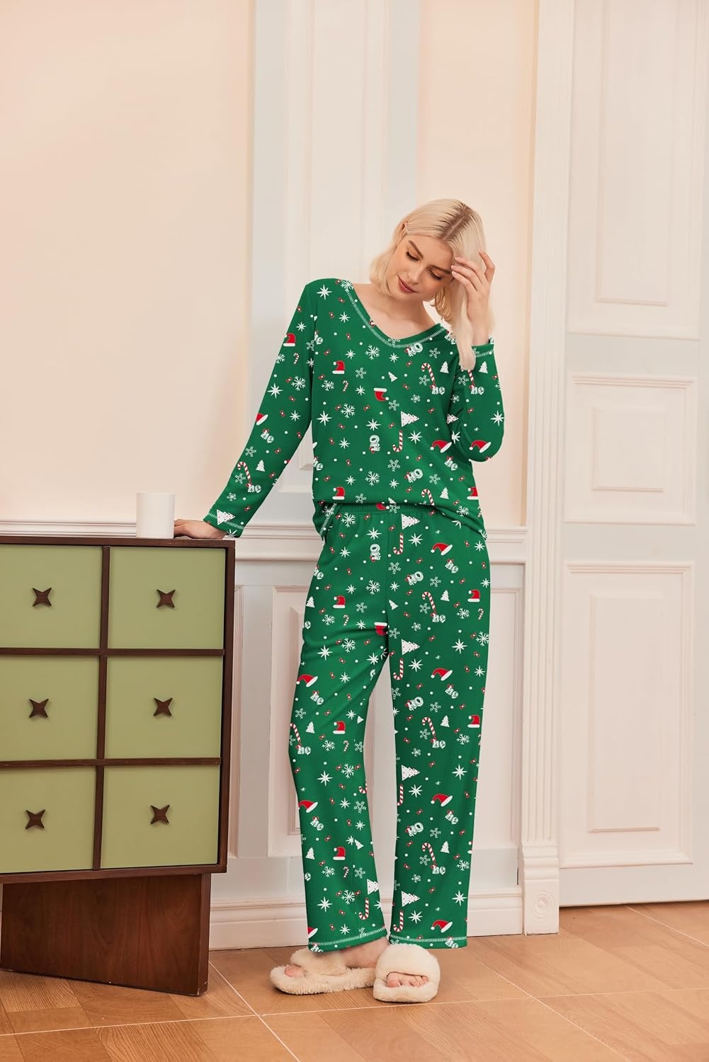 image:imageEkouaer Womens Pajamas Set 2 Piece Fuzzy Lounge Set Long Sleeve Sleepwear Fall Winter Loungewear Outfits Matching ClothesChristmas Green