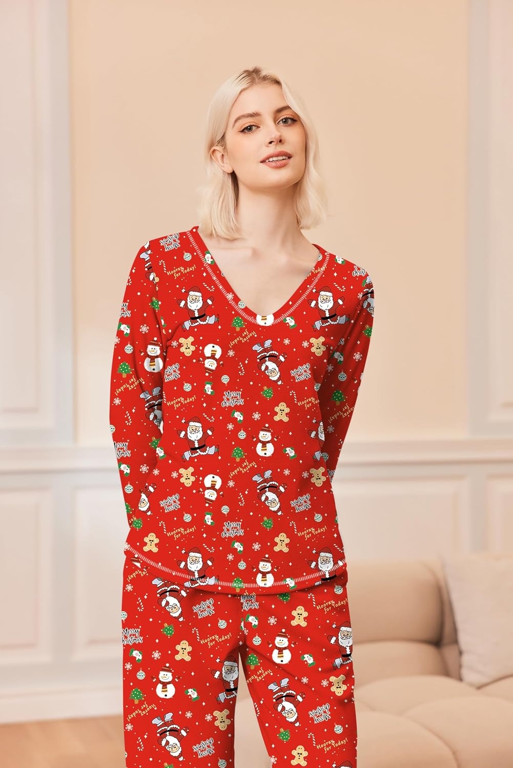 image:imageEkouaer Womens Pajamas Set 2 Piece Fuzzy Lounge Set Long Sleeve Sleepwear Fall Winter Loungewear Outfits Matching ClothesChristmas Red