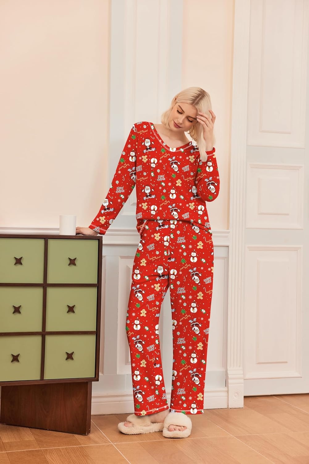 image:imageEkouaer Womens Pajamas Set 2 Piece Fuzzy Lounge Set Long Sleeve Sleepwear Fall Winter Loungewear Outfits Matching ClothesChristmas Red