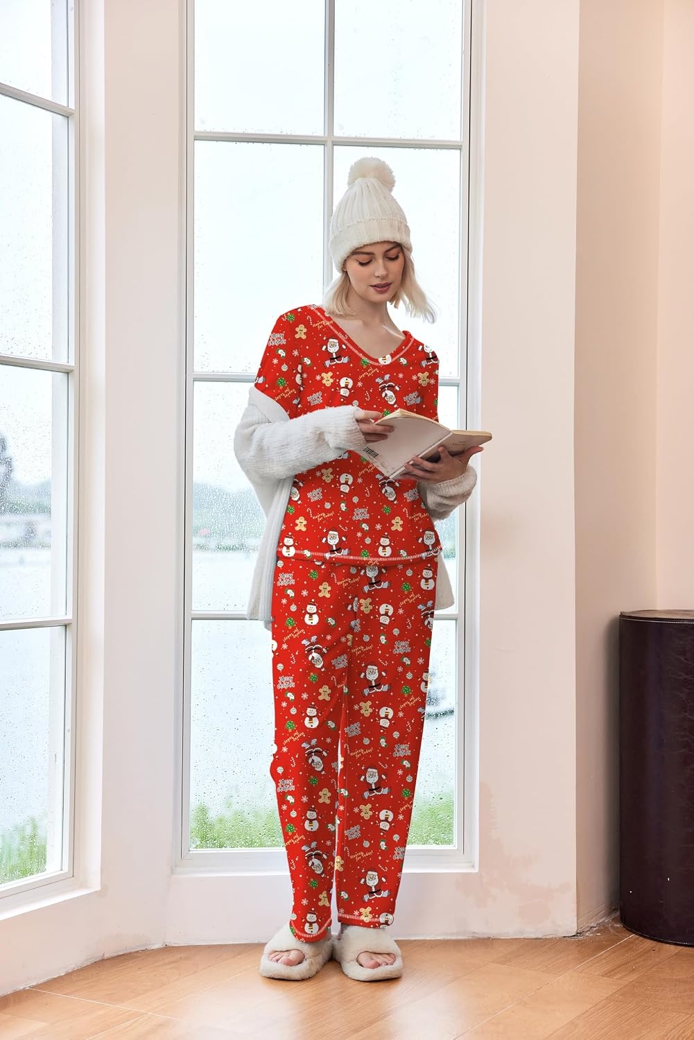 image:imageEkouaer Womens Pajamas Set 2 Piece Fuzzy Lounge Set Long Sleeve Sleepwear Fall Winter Loungewear Outfits Matching ClothesChristmas Red
