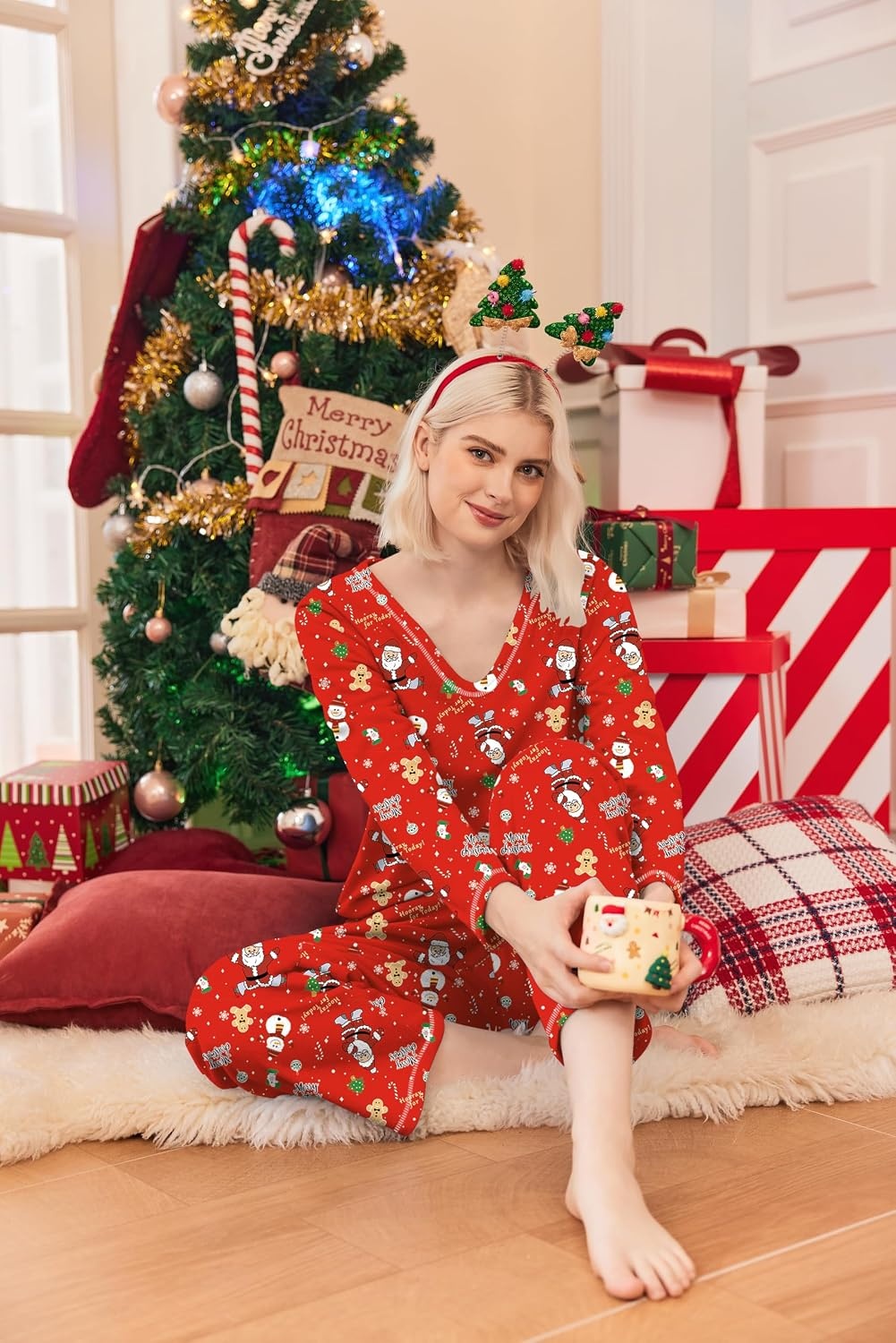 image:imageEkouaer Womens Pajamas Set 2 Piece Fuzzy Lounge Set Long Sleeve Sleepwear Fall Winter Loungewear Outfits Matching ClothesChristmas Red