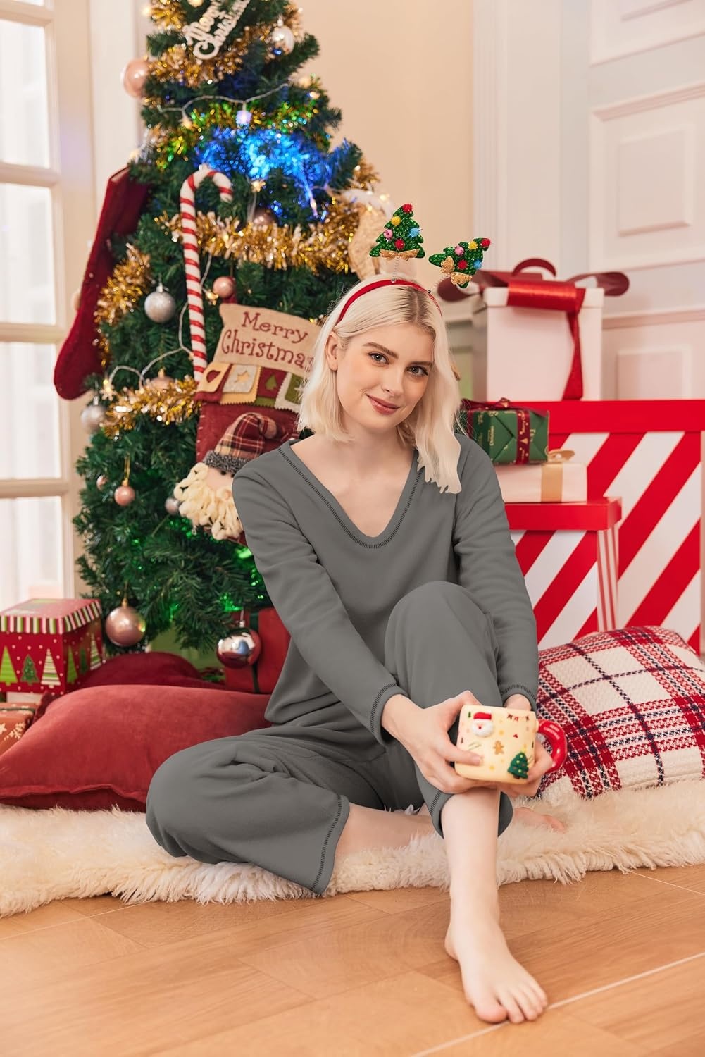 image:imageEkouaer Womens Pajamas Set 2 Piece Fuzzy Lounge Set Long Sleeve Sleepwear Fall Winter Loungewear Outfits Matching ClothesGrey