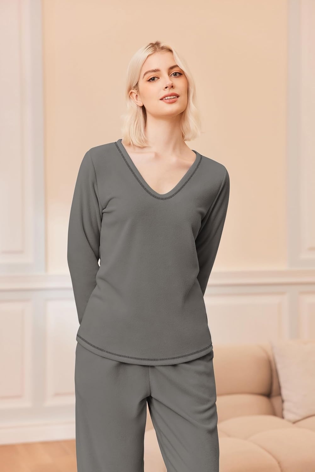 image:imageEkouaer Womens Pajamas Set 2 Piece Fuzzy Lounge Set Long Sleeve Sleepwear Fall Winter Loungewear Outfits Matching ClothesGrey