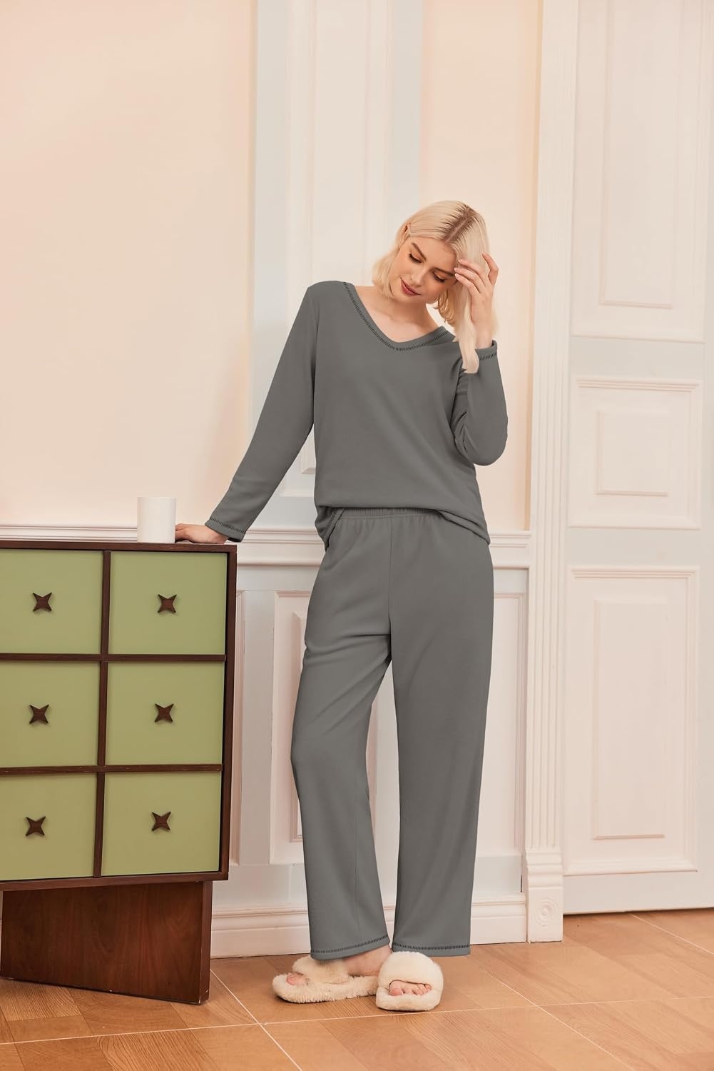 image:imageEkouaer Womens Pajamas Set 2 Piece Fuzzy Lounge Set Long Sleeve Sleepwear Fall Winter Loungewear Outfits Matching ClothesGrey