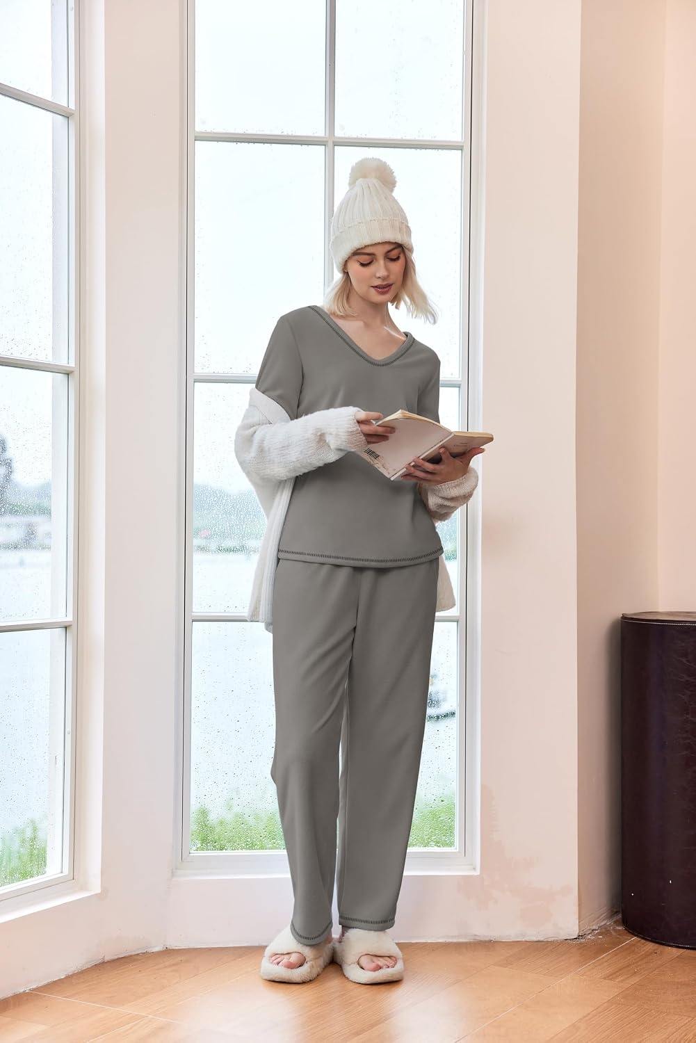 image:imageEkouaer Womens Pajamas Set 2 Piece Fuzzy Lounge Set Long Sleeve Sleepwear Fall Winter Loungewear Outfits Matching ClothesGrey