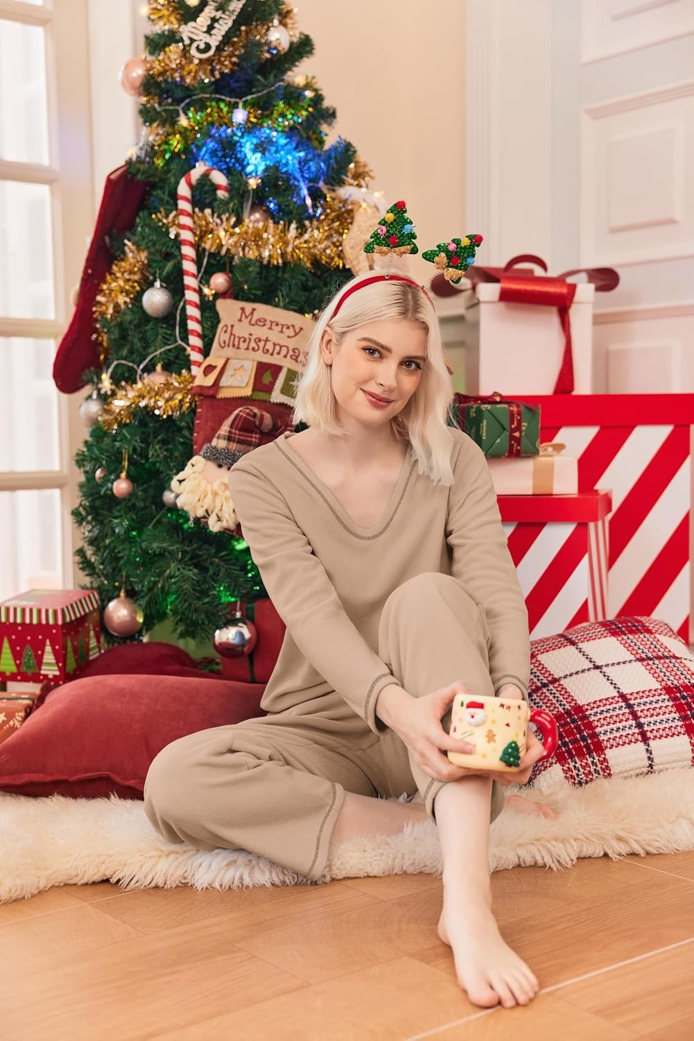 image:imageEkouaer Womens Pajamas Set 2 Piece Fuzzy Lounge Set Long Sleeve Sleepwear Fall Winter Loungewear Outfits Matching ClothesKhaki