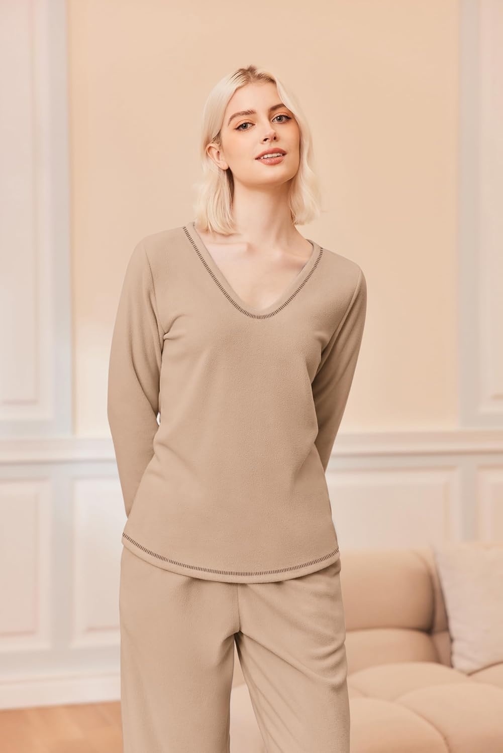 image:imageEkouaer Womens Pajamas Set 2 Piece Fuzzy Lounge Set Long Sleeve Sleepwear Fall Winter Loungewear Outfits Matching ClothesKhaki