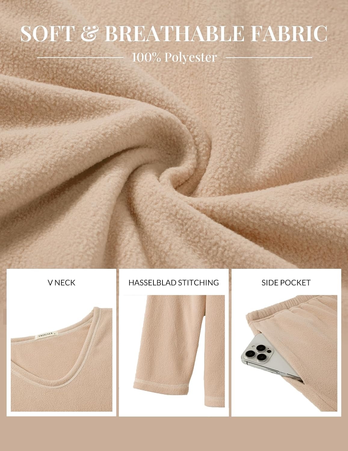 image:imageEkouaer Womens Pajamas Set 2 Piece Fuzzy Lounge Set Long Sleeve Sleepwear Fall Winter Loungewear Outfits Matching ClothesKhaki