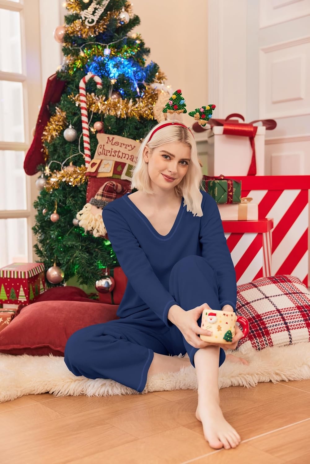 image:imageEkouaer Womens Pajamas Set 2 Piece Fuzzy Lounge Set Long Sleeve Sleepwear Fall Winter Loungewear Outfits Matching ClothesNavy Blue