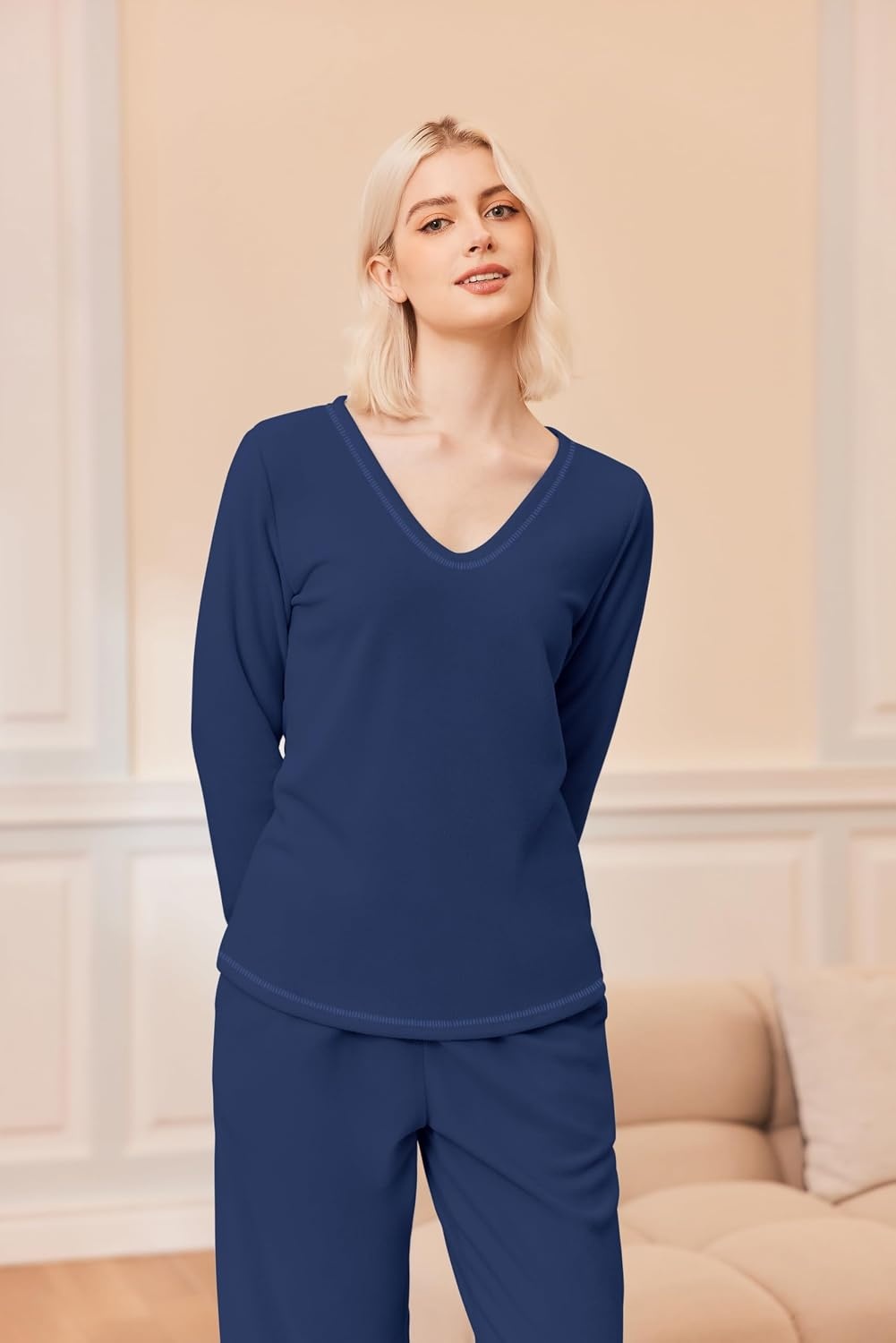 image:imageEkouaer Womens Pajamas Set 2 Piece Fuzzy Lounge Set Long Sleeve Sleepwear Fall Winter Loungewear Outfits Matching ClothesNavy Blue