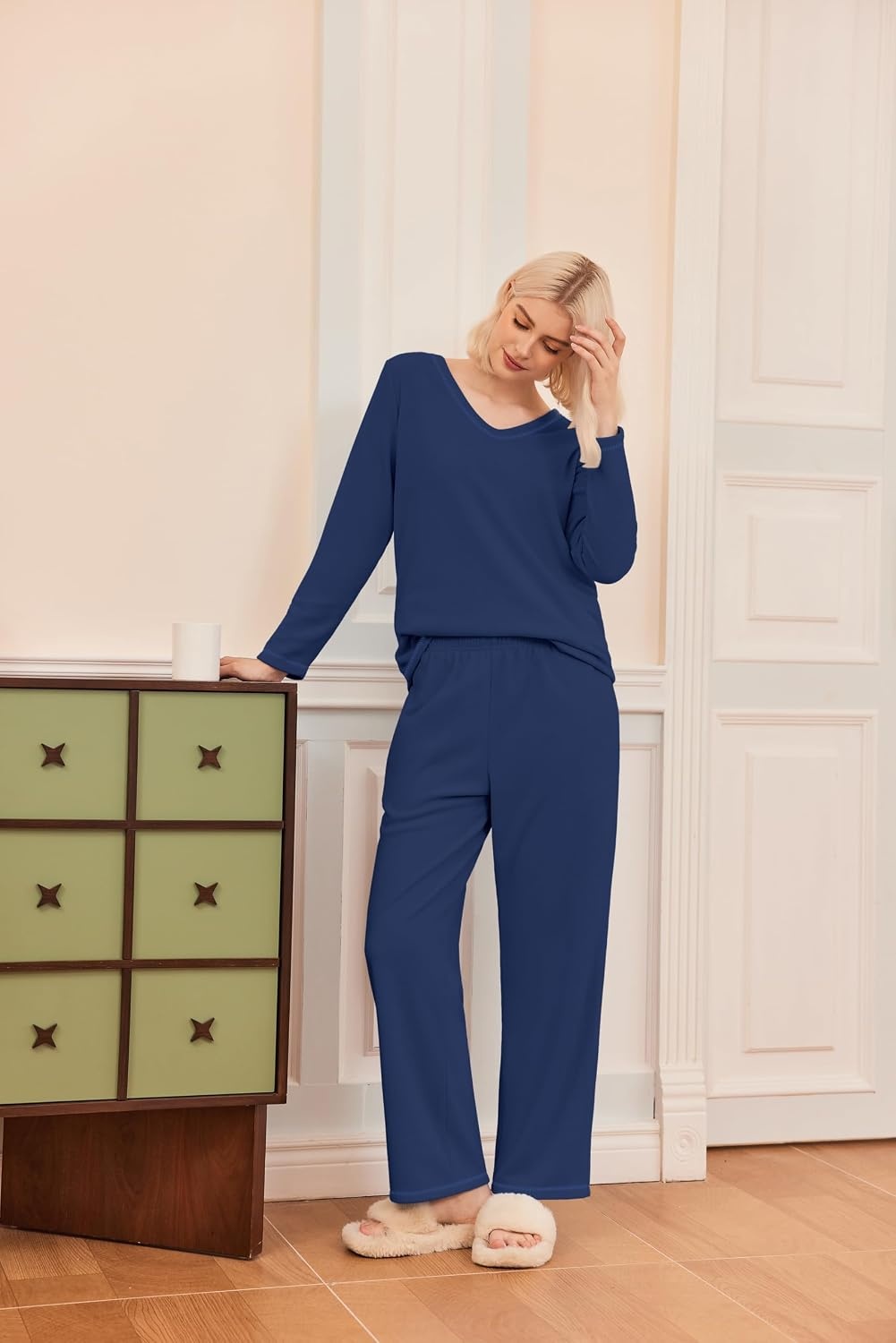 image:imageEkouaer Womens Pajamas Set 2 Piece Fuzzy Lounge Set Long Sleeve Sleepwear Fall Winter Loungewear Outfits Matching ClothesNavy Blue