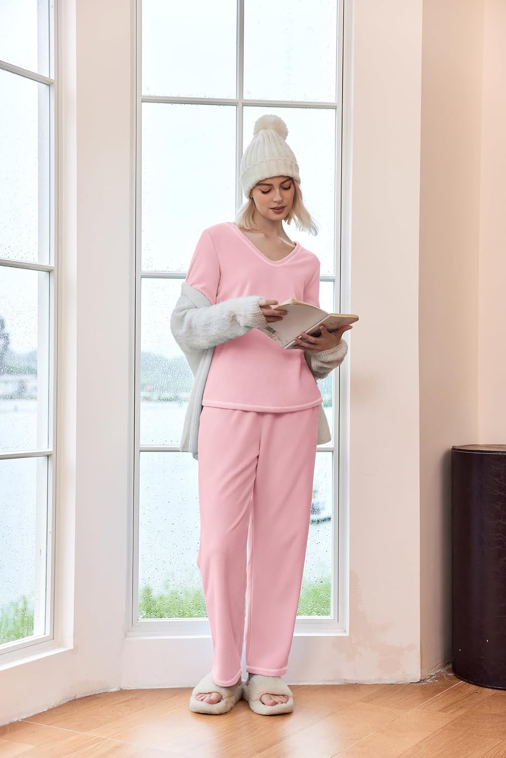 image:imageEkouaer Womens Pajamas Set 2 Piece Fuzzy Lounge Set Long Sleeve Sleepwear Fall Winter Loungewear Outfits Matching ClothesPink