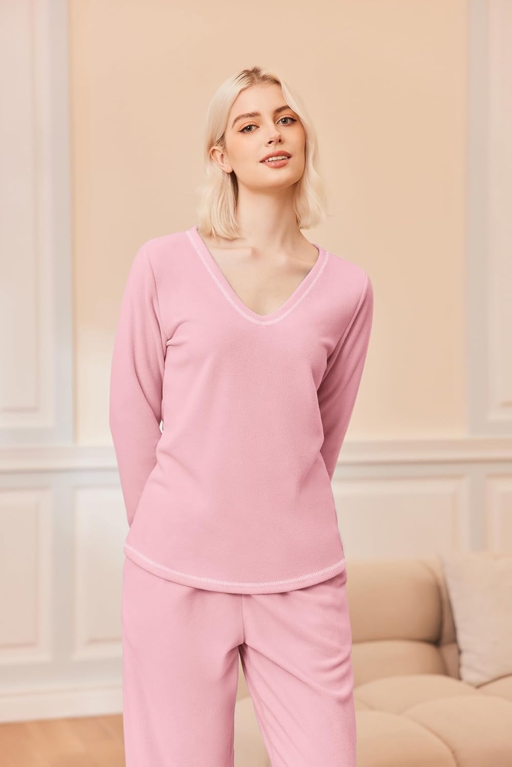 image:imageEkouaer Womens Pajamas Set 2 Piece Fuzzy Lounge Set Long Sleeve Sleepwear Fall Winter Loungewear Outfits Matching ClothesPink