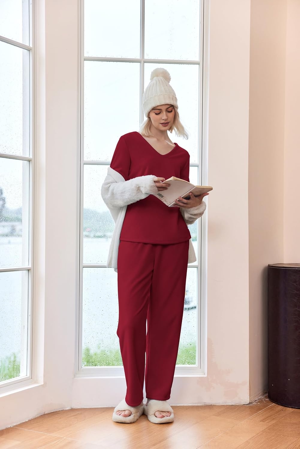 image:imageEkouaer Womens Pajamas Set 2 Piece Fuzzy Lounge Set Long Sleeve Sleepwear Fall Winter Loungewear Outfits Matching ClothesWine Red