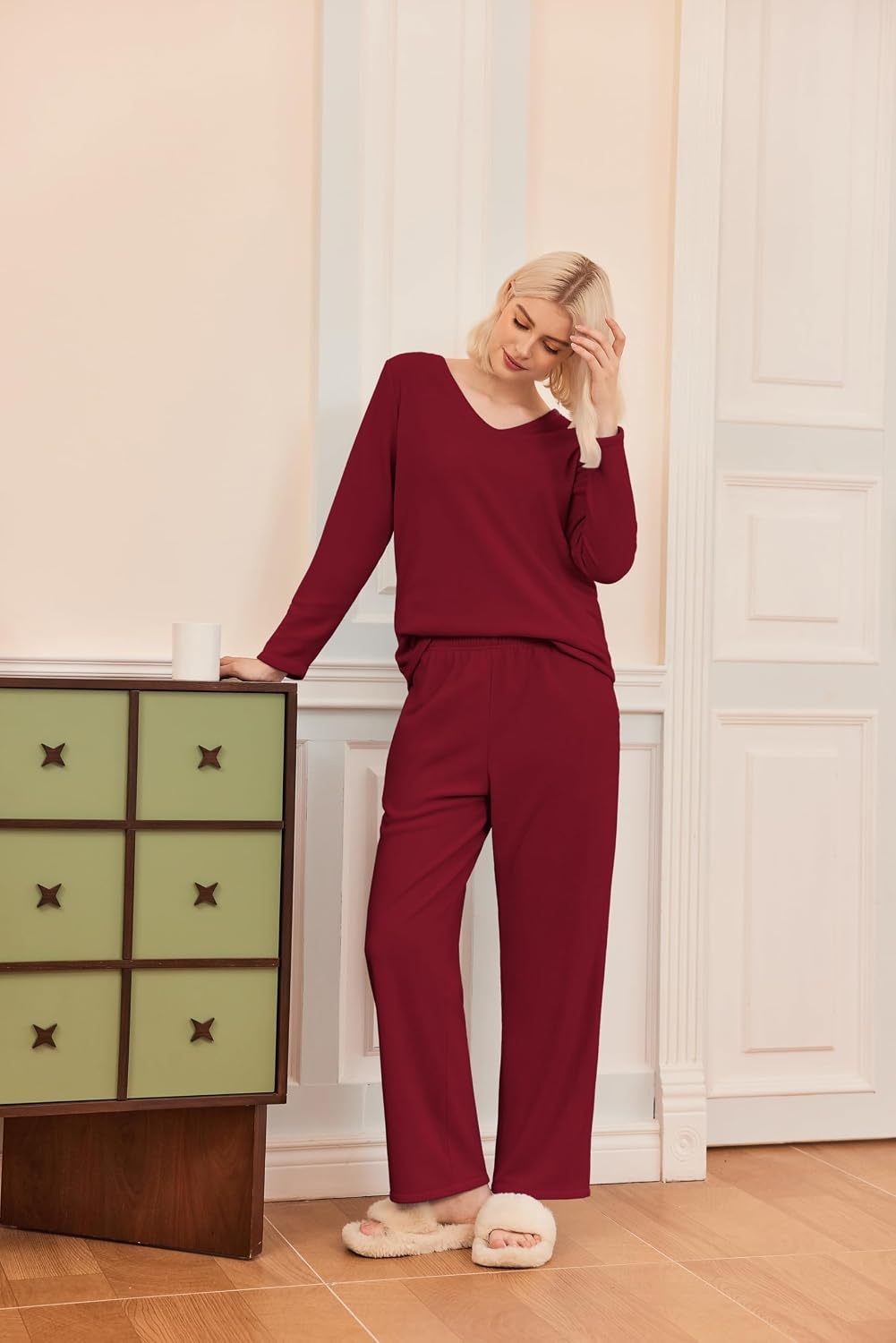 image:imageEkouaer Womens Pajamas Set 2 Piece Fuzzy Lounge Set Long Sleeve Sleepwear Fall Winter Loungewear Outfits Matching ClothesWine Red