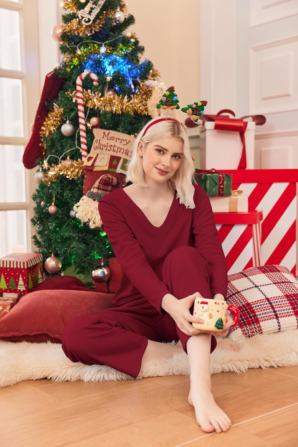 image:imageEkouaer Womens Pajamas Set 2 Piece Fuzzy Lounge Set Long Sleeve Sleepwear Fall Winter Loungewear Outfits Matching ClothesWine Red