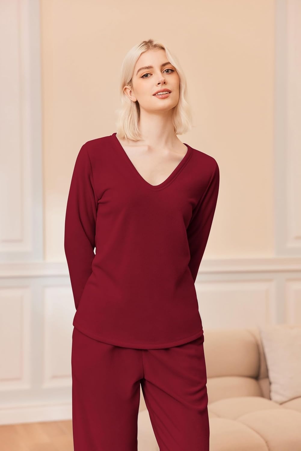 image:imageEkouaer Womens Pajamas Set 2 Piece Fuzzy Lounge Set Long Sleeve Sleepwear Fall Winter Loungewear Outfits Matching ClothesWine Red