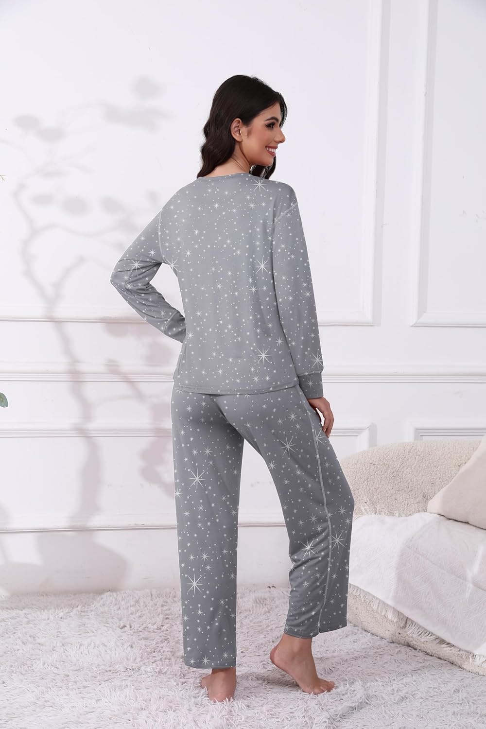 image:imageEkouaer Womens Pajamas Set 2 Piece Lounge Sets Long Sleeve Crewneck Top and Pants Soft Pjs with PocketsGray Stars