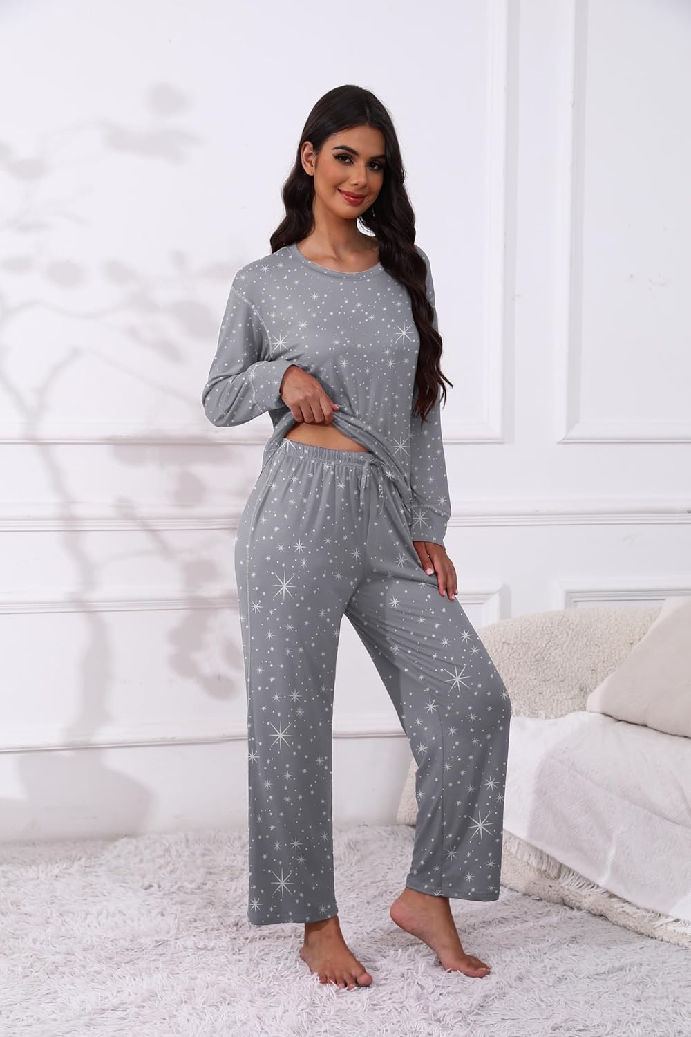 image:imageEkouaer Womens Pajamas Set 2 Piece Lounge Sets Long Sleeve Crewneck Top and Pants Soft Pjs with PocketsGray Stars