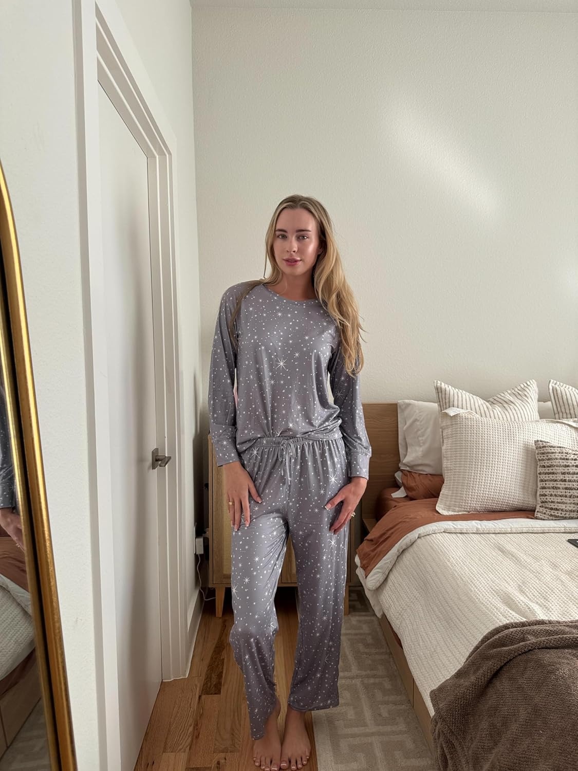 image:imageEkouaer Womens Pajamas Set 2 Piece Lounge Sets Long Sleeve Crewneck Top and Pants Soft Pjs with PocketsGray Stars