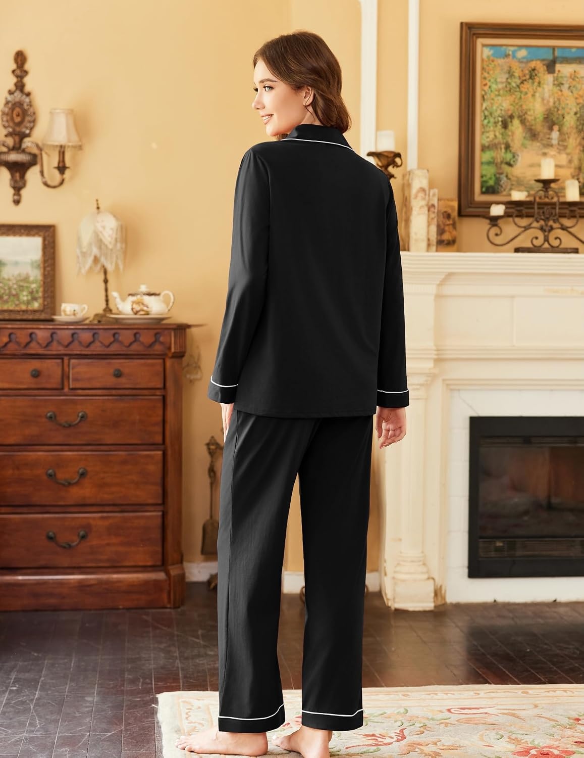 image:imageEkouaer Womens Pajamas Set Cotton Long Sleeve Button Down Sleepwear Top and Long Pants Soft 2 Piece Pjs Lounge Set SXXLBlack