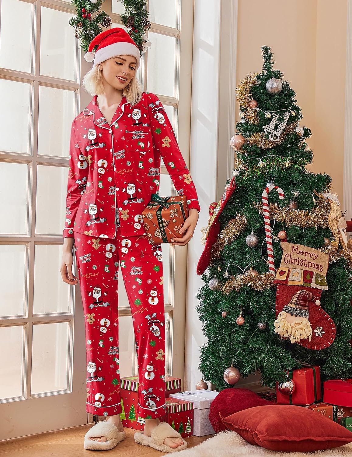 image:imageEkouaer Womens Pajamas Set Cotton Long Sleeve Button Down Sleepwear Top and Long Pants Soft 2 Piece Pjs Lounge Set SXXLChristmas Red