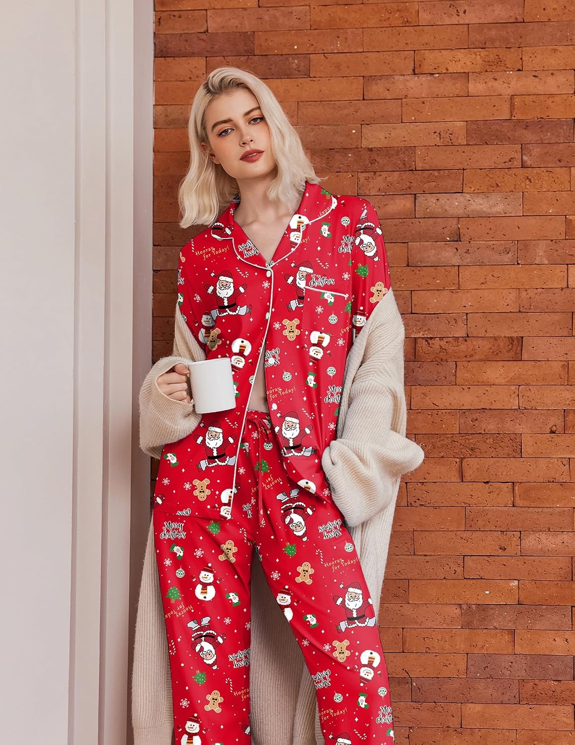 image:imageEkouaer Womens Pajamas Set Cotton Long Sleeve Button Down Sleepwear Top and Long Pants Soft 2 Piece Pjs Lounge Set SXXLChristmas Red