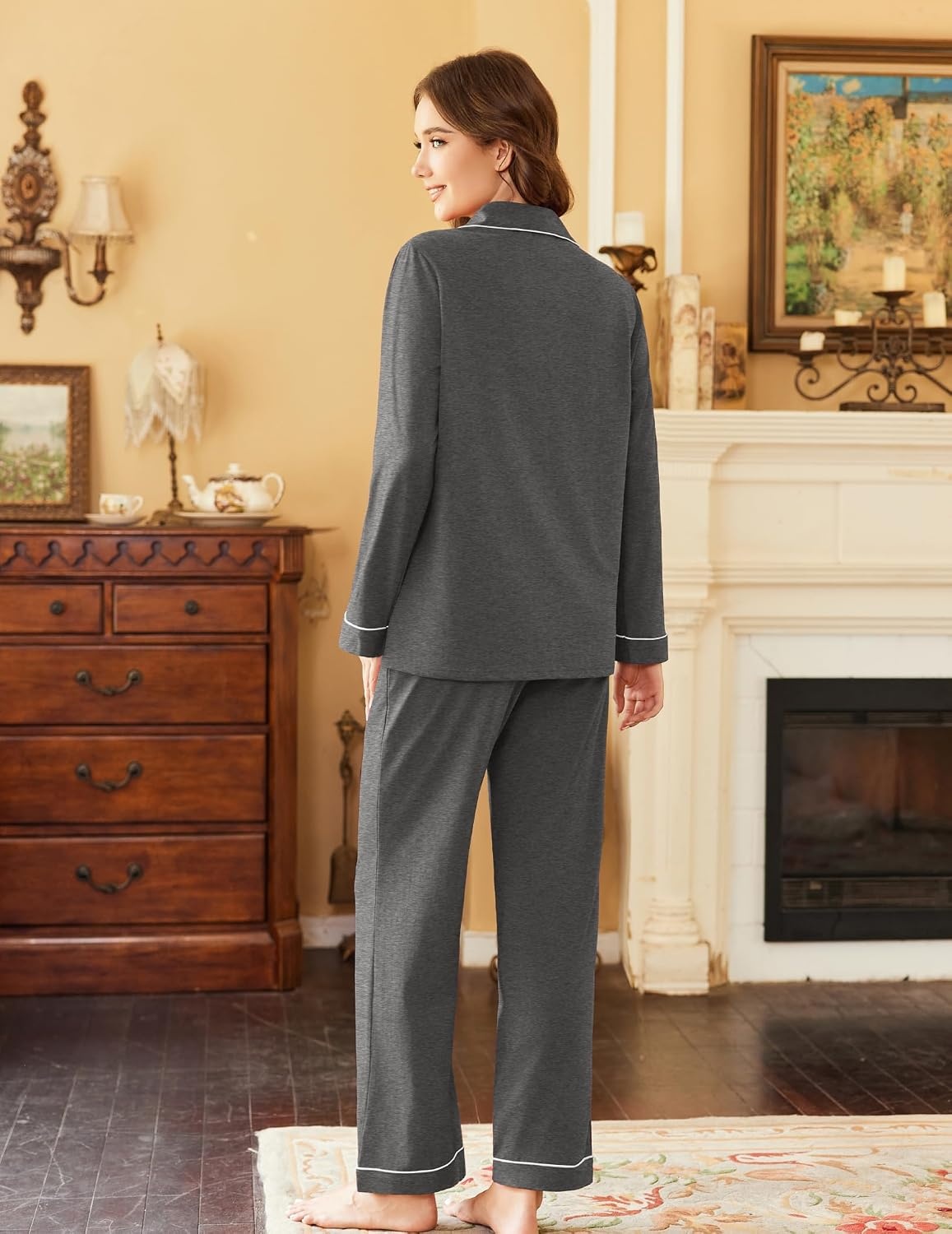 image:imageEkouaer Womens Pajamas Set Cotton Long Sleeve Button Down Sleepwear Top and Long Pants Soft 2 Piece Pjs Lounge Set SXXLDark Grey
