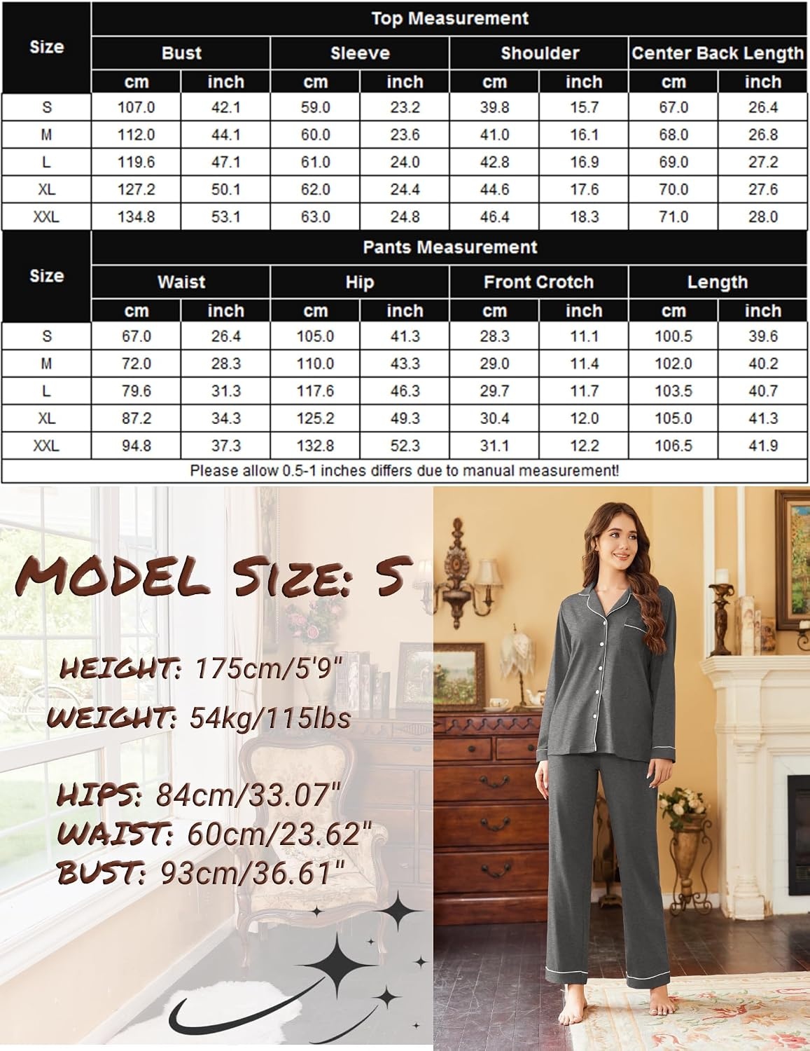 image:imageEkouaer Womens Pajamas Set Cotton Long Sleeve Button Down Sleepwear Top and Long Pants Soft 2 Piece Pjs Lounge Set SXXLDark Grey