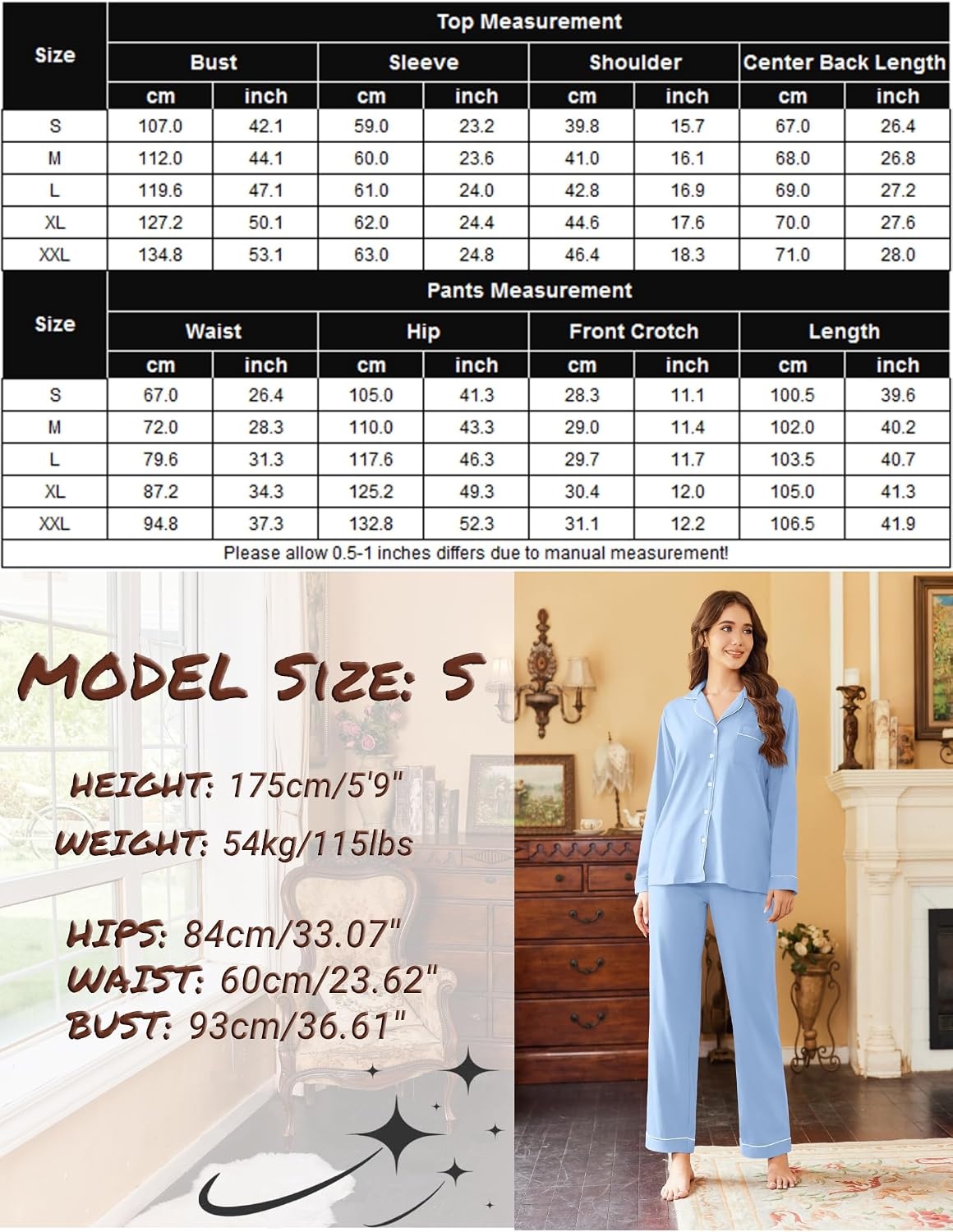 image:imageEkouaer Womens Pajamas Set Cotton Long Sleeve Button Down Sleepwear Top and Long Pants Soft 2 Piece Pjs Lounge Set SXXLLight Blue