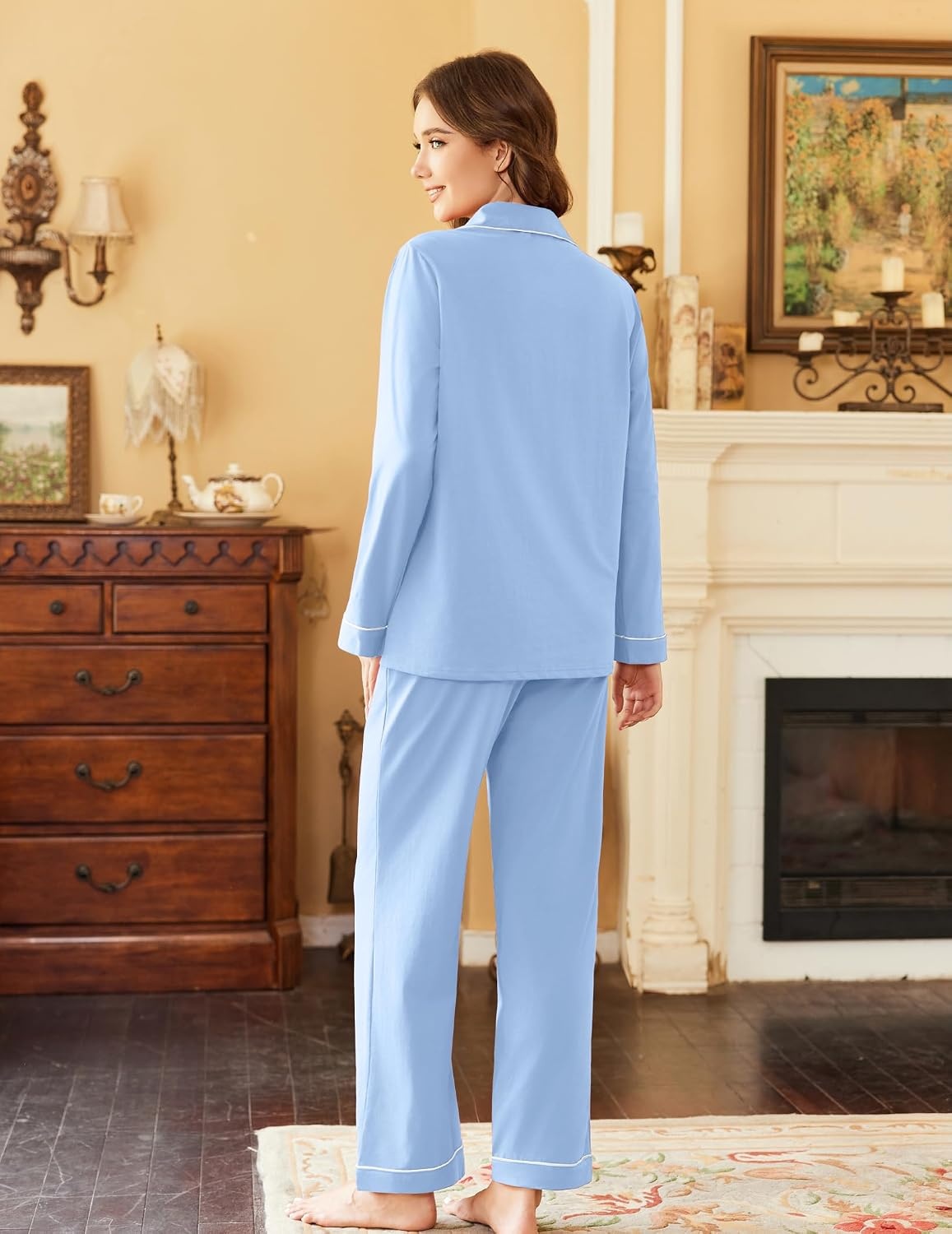 image:imageEkouaer Womens Pajamas Set Cotton Long Sleeve Button Down Sleepwear Top and Long Pants Soft 2 Piece Pjs Lounge Set SXXLLight Blue