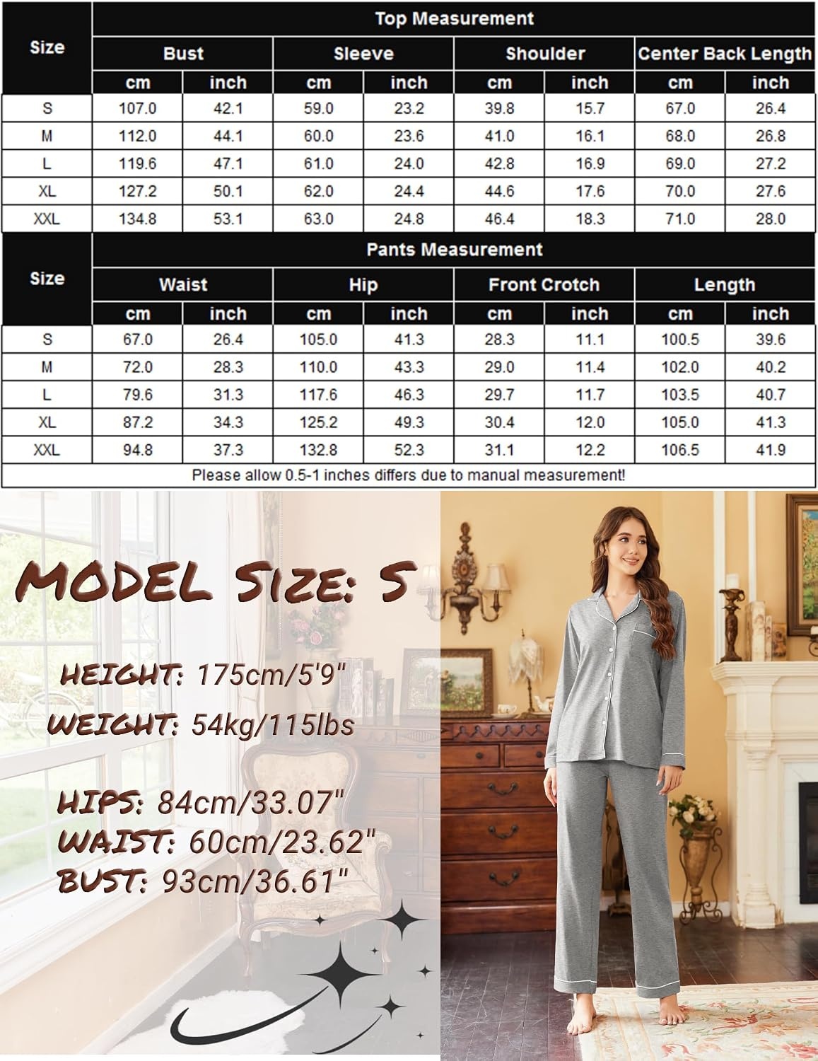 image:imageEkouaer Womens Pajamas Set Cotton Long Sleeve Button Down Sleepwear Top and Long Pants Soft 2 Piece Pjs Lounge Set SXXLLight Grey