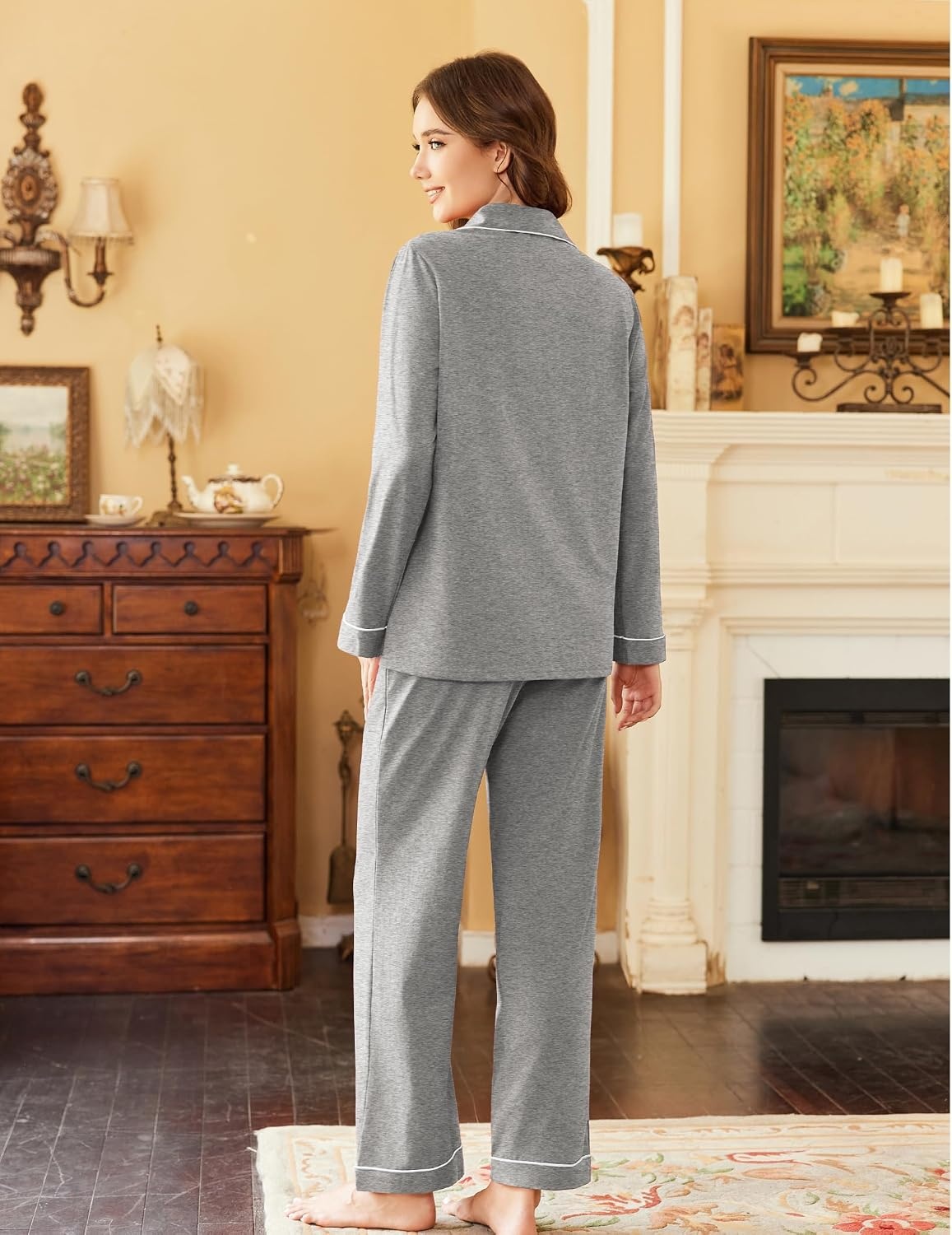 image:imageEkouaer Womens Pajamas Set Cotton Long Sleeve Button Down Sleepwear Top and Long Pants Soft 2 Piece Pjs Lounge Set SXXLLight Grey