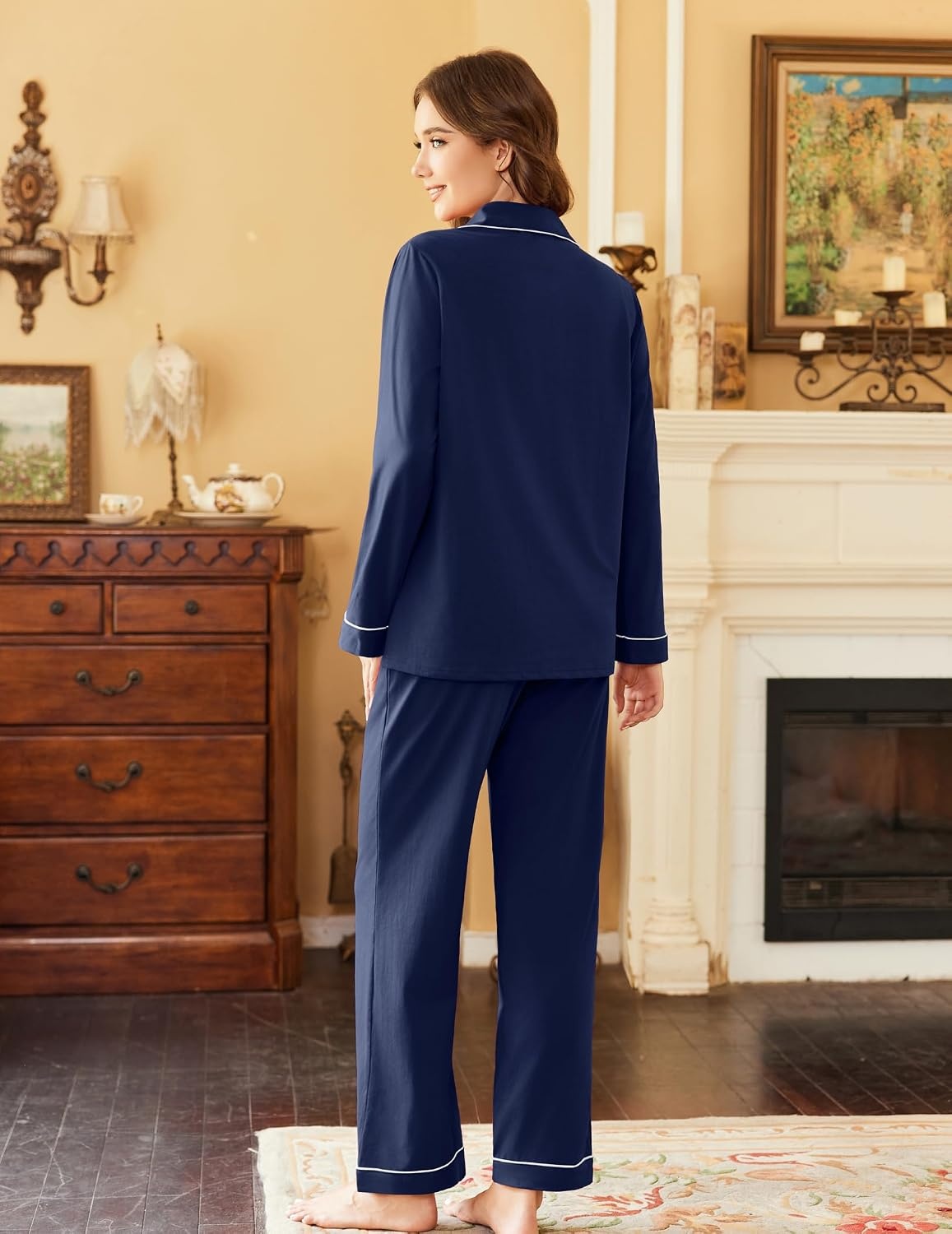 image:imageEkouaer Womens Pajamas Set Cotton Long Sleeve Button Down Sleepwear Top and Long Pants Soft 2 Piece Pjs Lounge Set SXXLNavy
