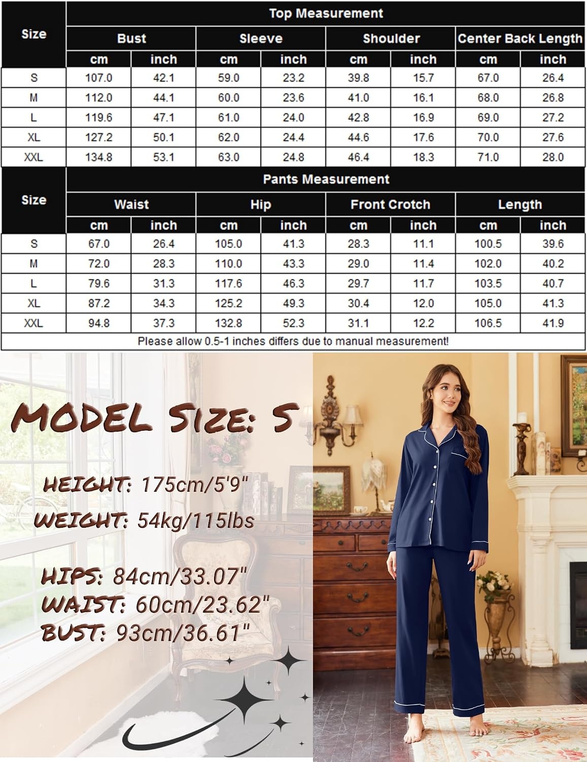 image:imageEkouaer Womens Pajamas Set Cotton Long Sleeve Button Down Sleepwear Top and Long Pants Soft 2 Piece Pjs Lounge Set SXXLNavy